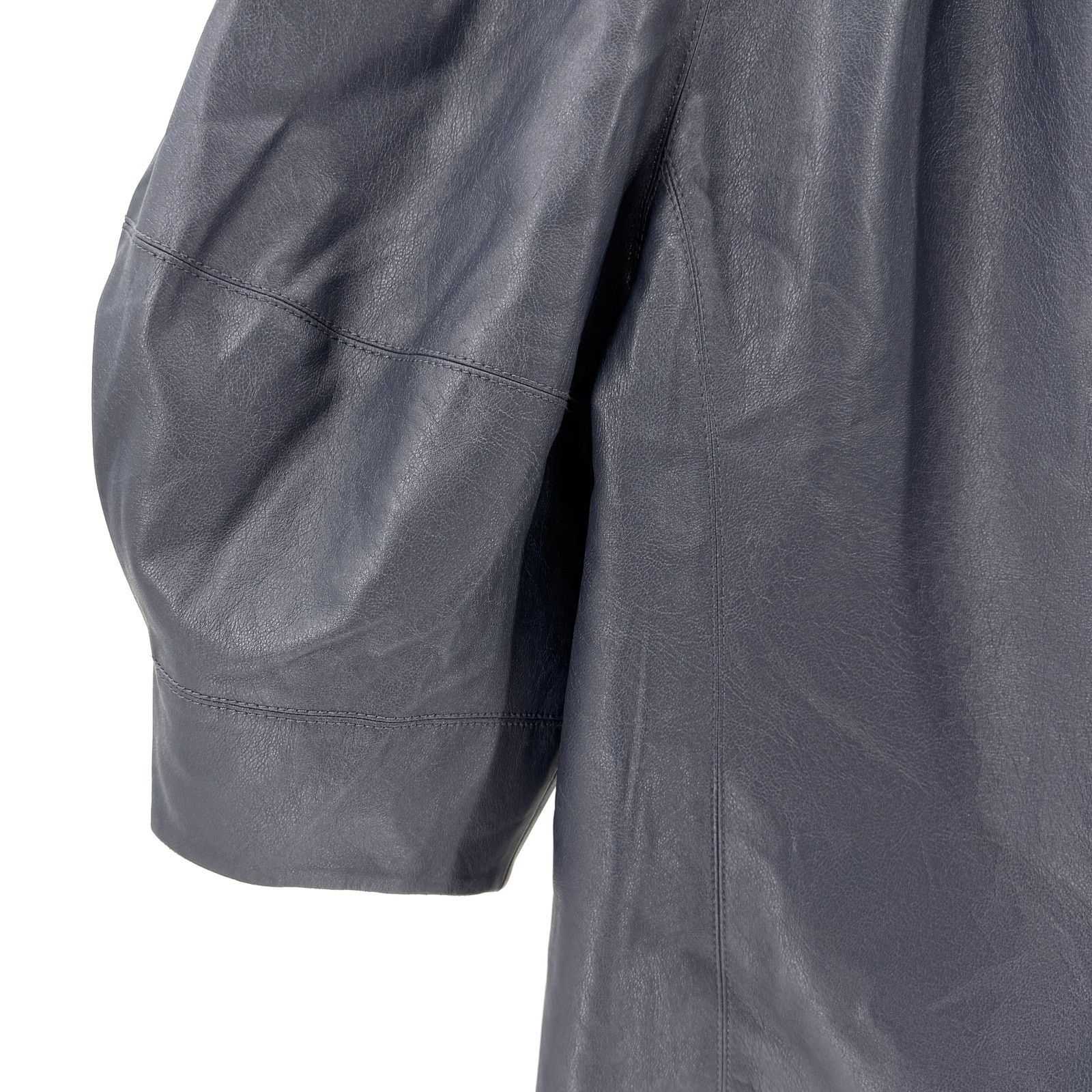 Rebecca Taylor Navy Blue Vegan Leather Silk Lined Puff Sleeve Top Size L / US 10 / IT 46 - 3 Thumbnail