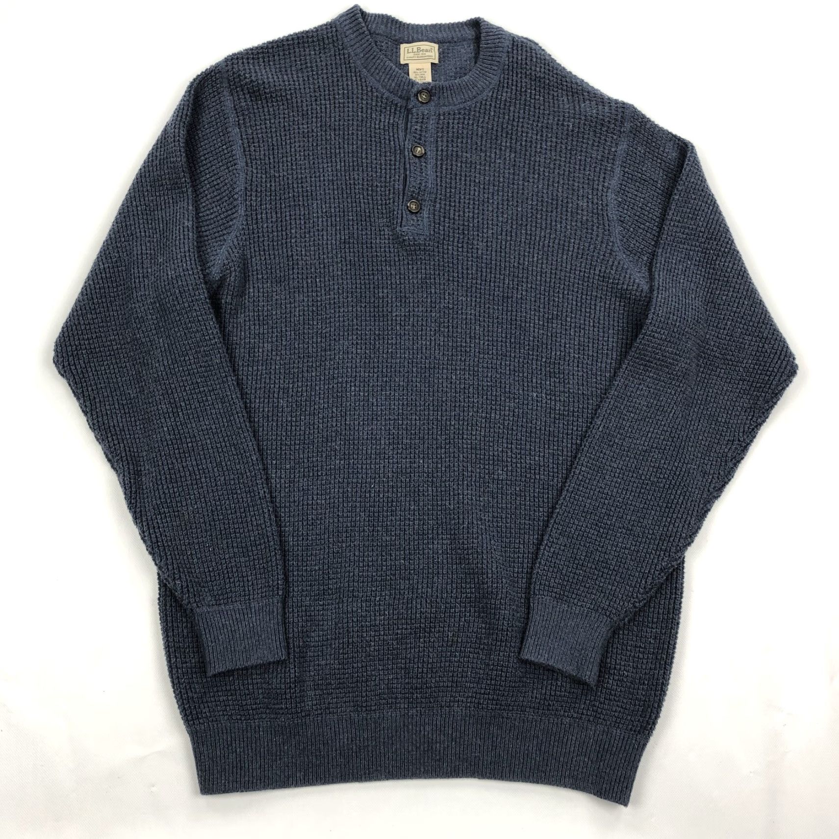 Vintage L.L.Bean Sweater Men XL-Tall Navy Blue Waffle Knit Cotton Wool Henley Pullover Size US XL / EU 56 / 4 - 2 Thumbnail