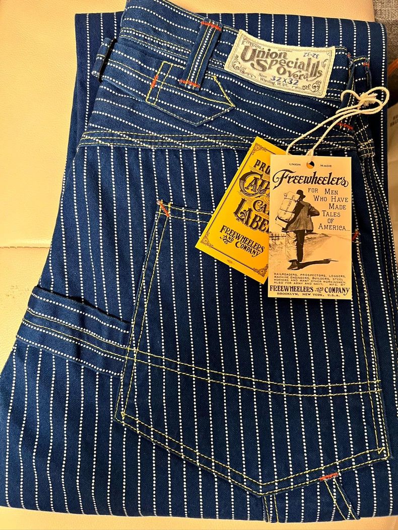 Freewheelers Wabash Overalls Blue Striped Denim- DMC