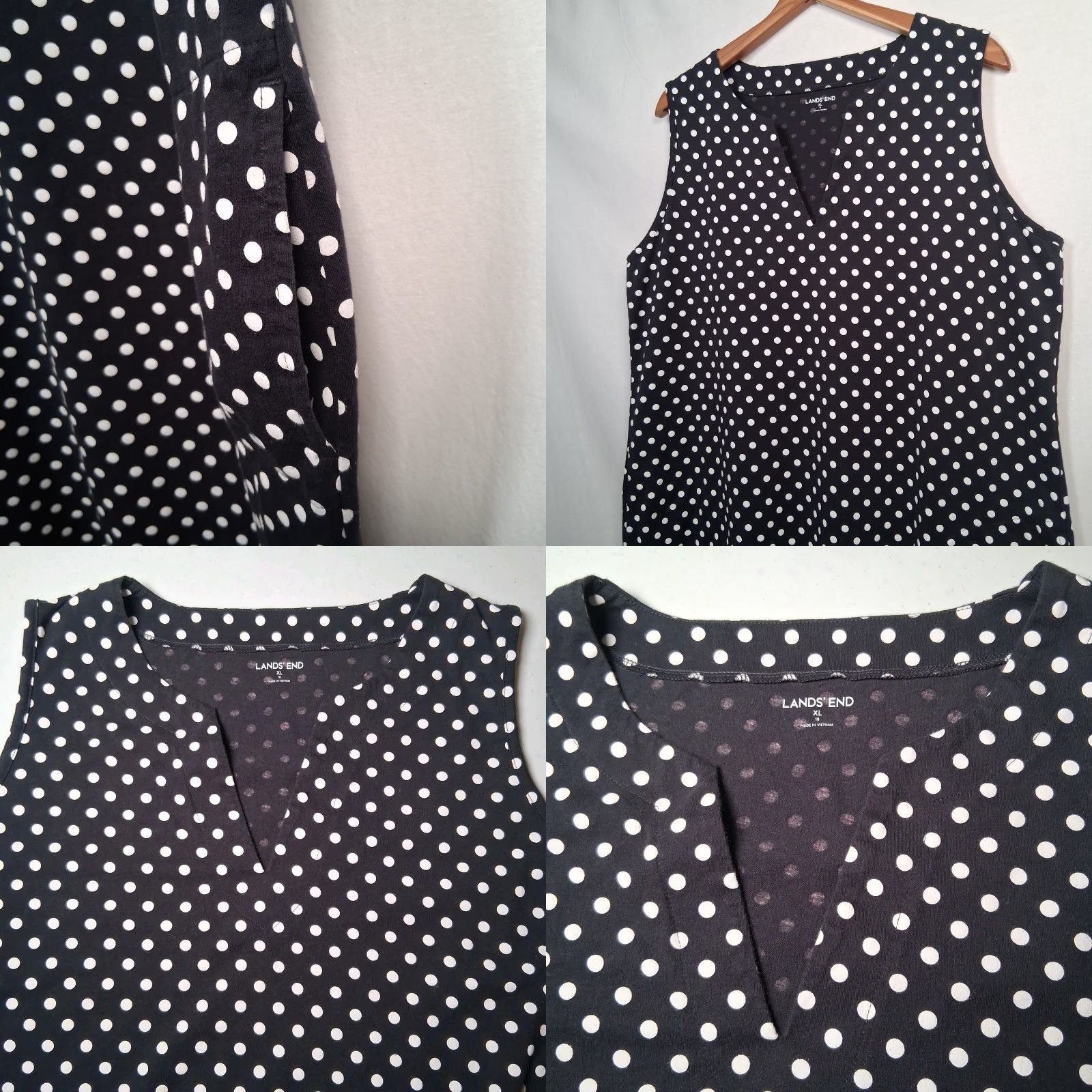 Lands\' End Dress XL Black White Polka Dot Sleeveless Knit All Cotton V Neck