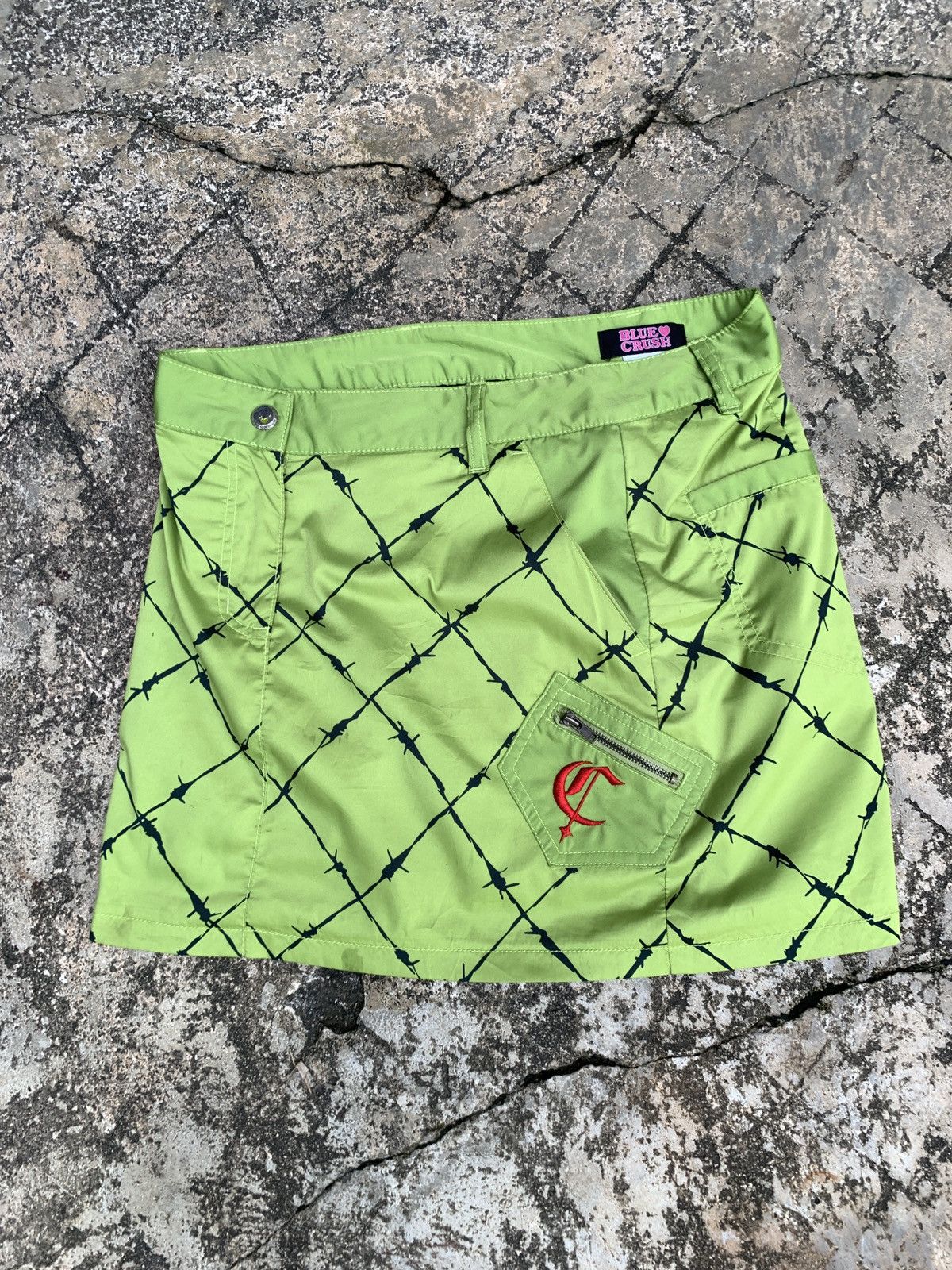 Japanese Brand y2k Blue Cross Japan Spike Fence Neon Green Graphic Skorts Size 29" - 1 Thumbnail
