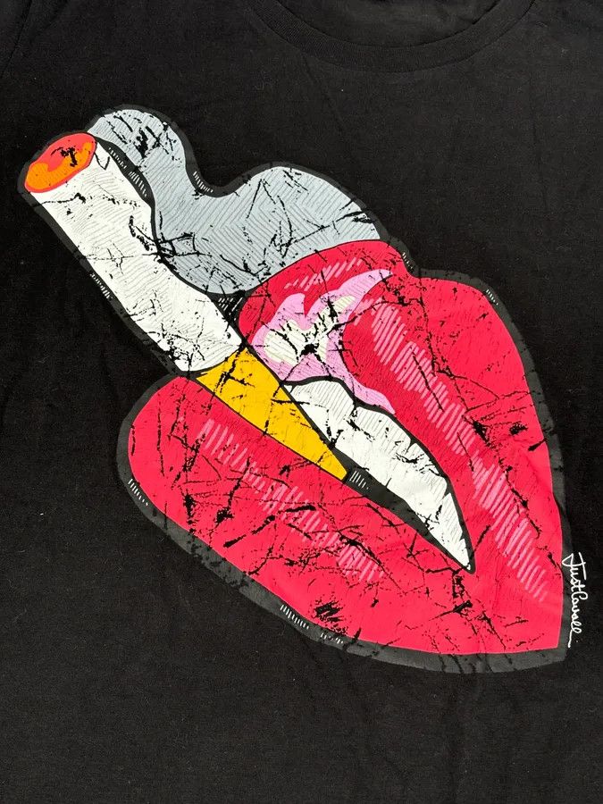 Just Cavalli SS2016 Cavalli Black Cotton Graphic Lip Smoke Cigarette T-Shirt Size US M / EU 48-50 / 2 - 7 Thumbnail