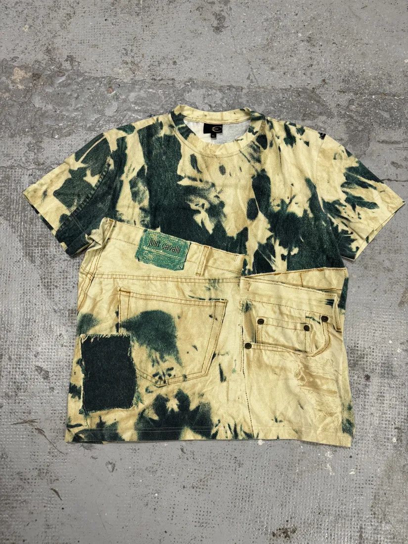 Designer × Just Cavalli × Vintage 2000s Cavalli Trompe L’oeil White & Green T-Shirt Size US M / EU 48-50 / 2 - 3 Thumbnail