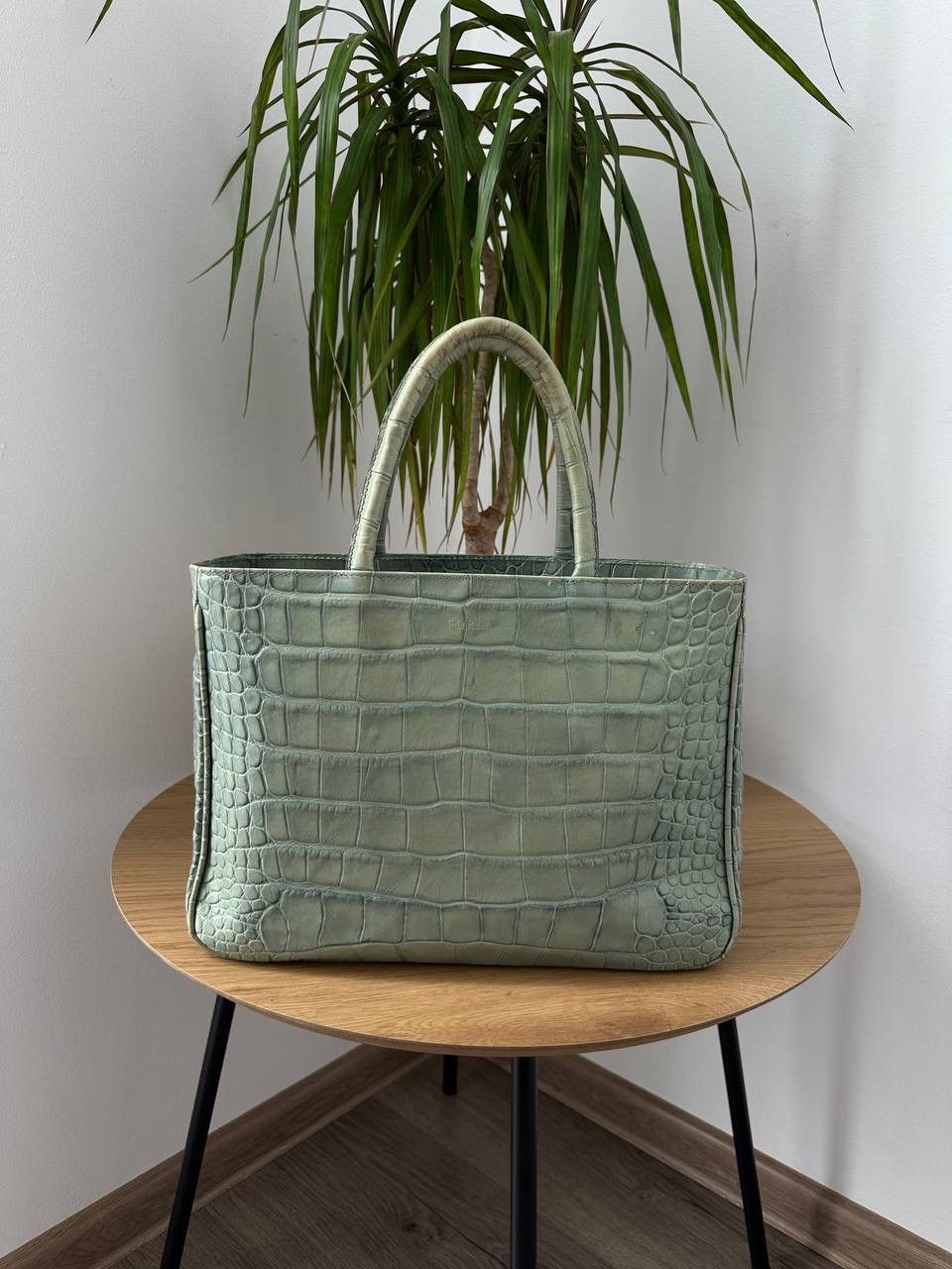 Vintage Furla Faded Crocodile Embossed Leather Tote Bag Mint in Green, Women's