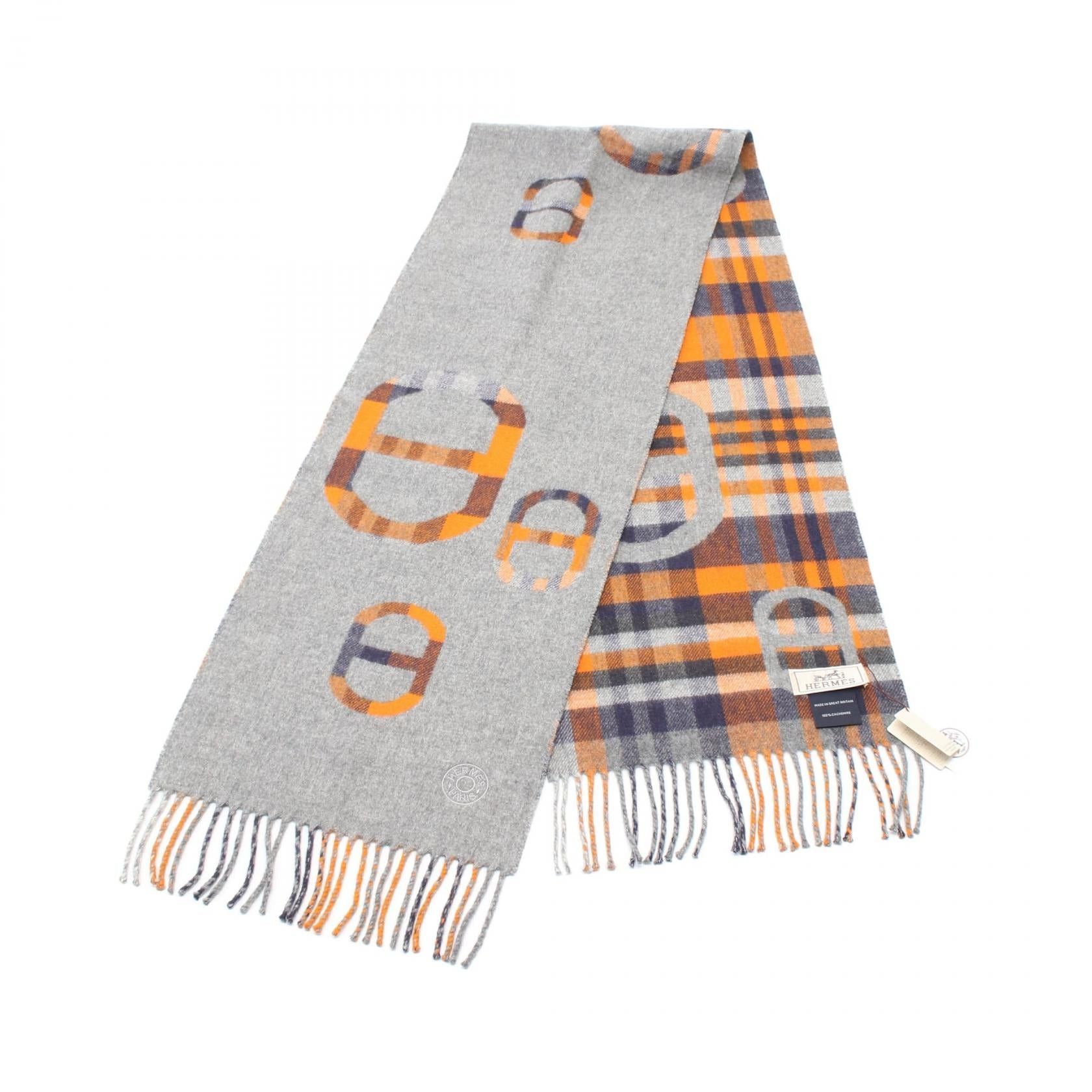 Hermes Hermes Tartan Maillon Scarf Cashmere Gray Navy Orange Size ONE SIZE - 1 Thumbnail