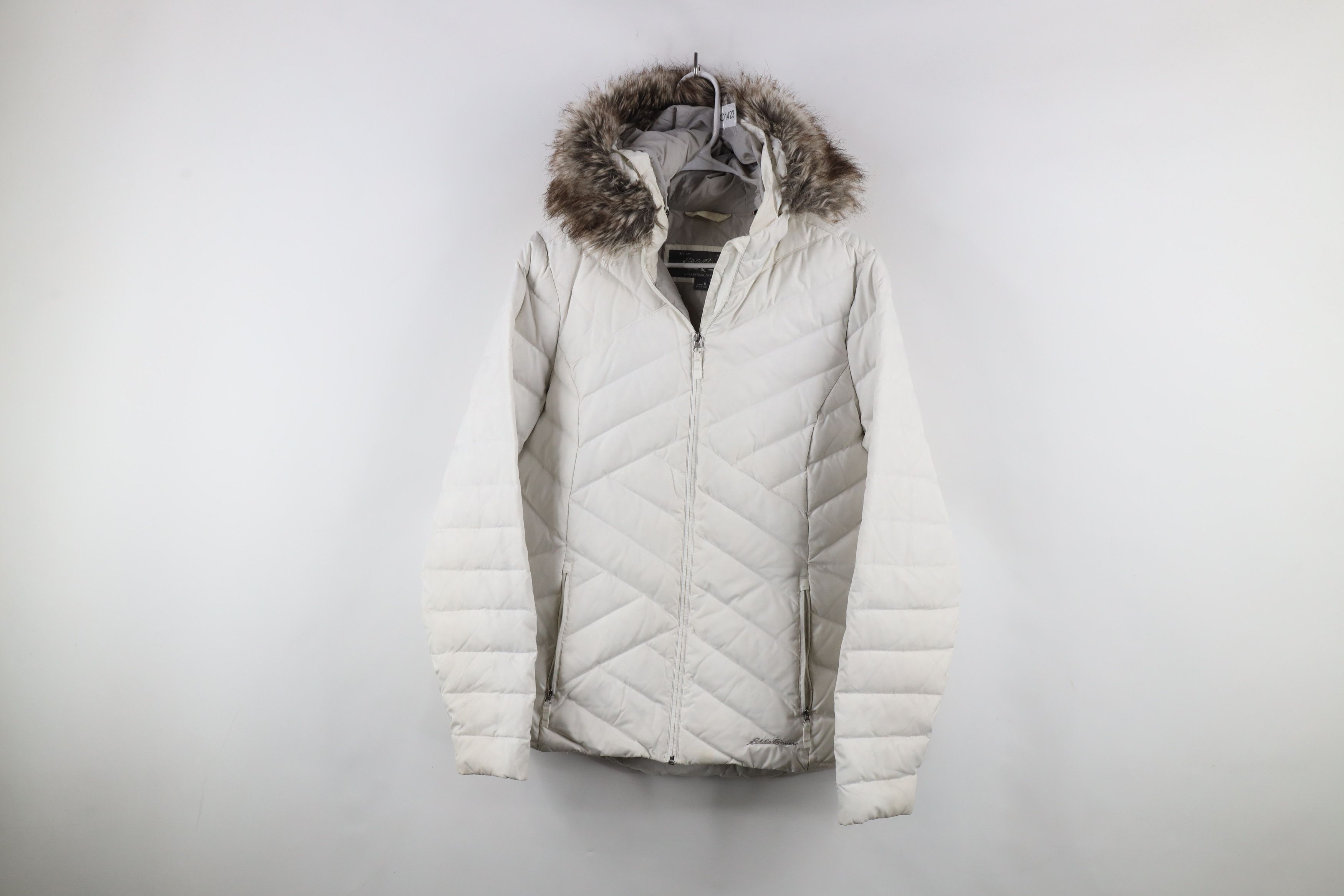 Eddie Bauer × Vintage Eddie Bauer Distressed Goose Down Hooded Puffer Jacket White Size L / US 10 / IT 46 - 1 Thumbnail