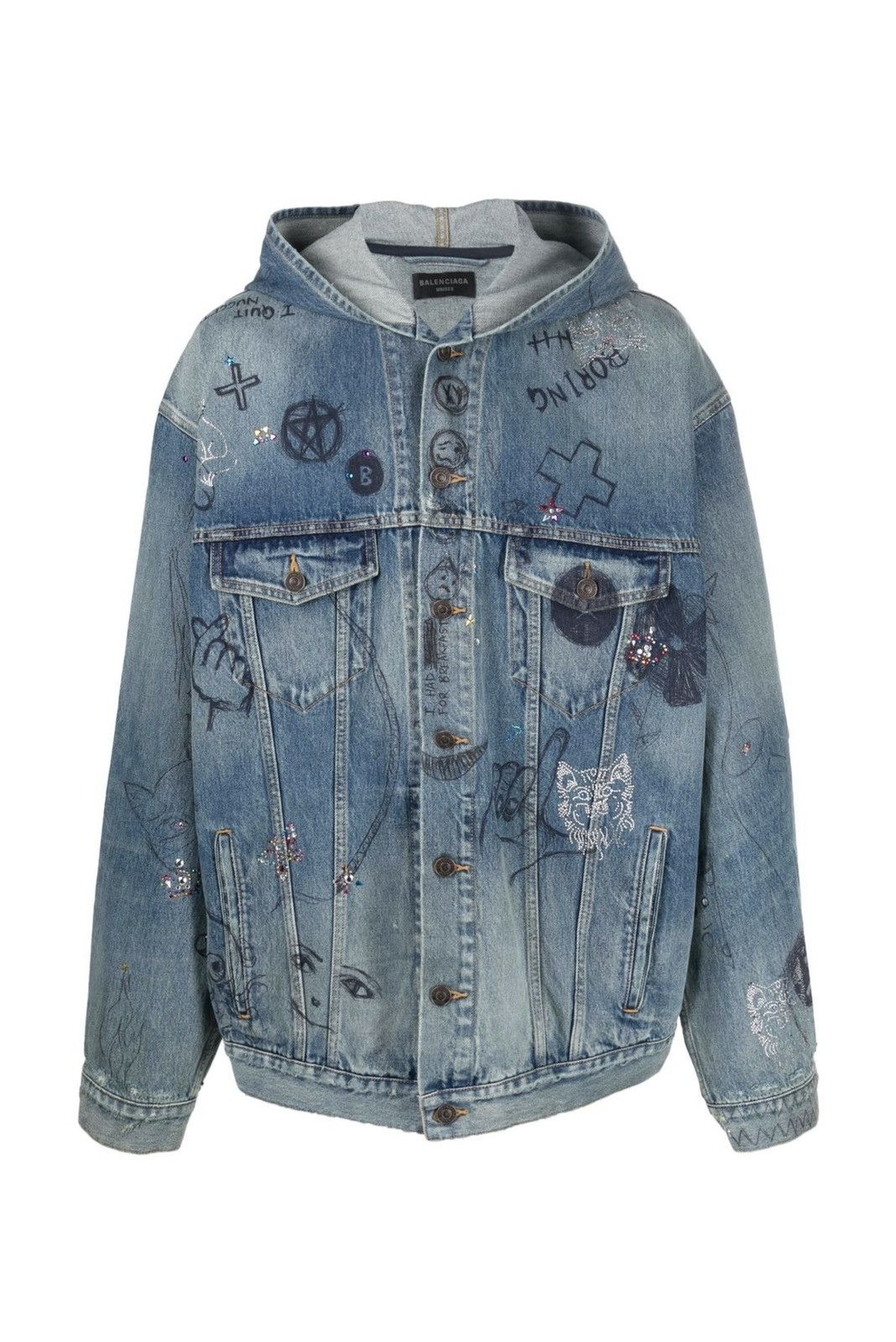Balenciaga Scribble Hooded Denim Jacket Size US L / EU 52-54 / 3 - 1 Thumbnail