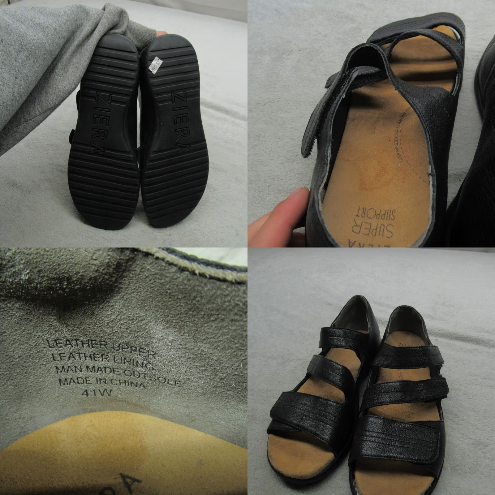 Vintage Ziera Women Sandals Black Leather Super Support Adjustable Strap Hook & Loop Flat Open Toe Size US 11 / IT 41 - 8 Thumbnail