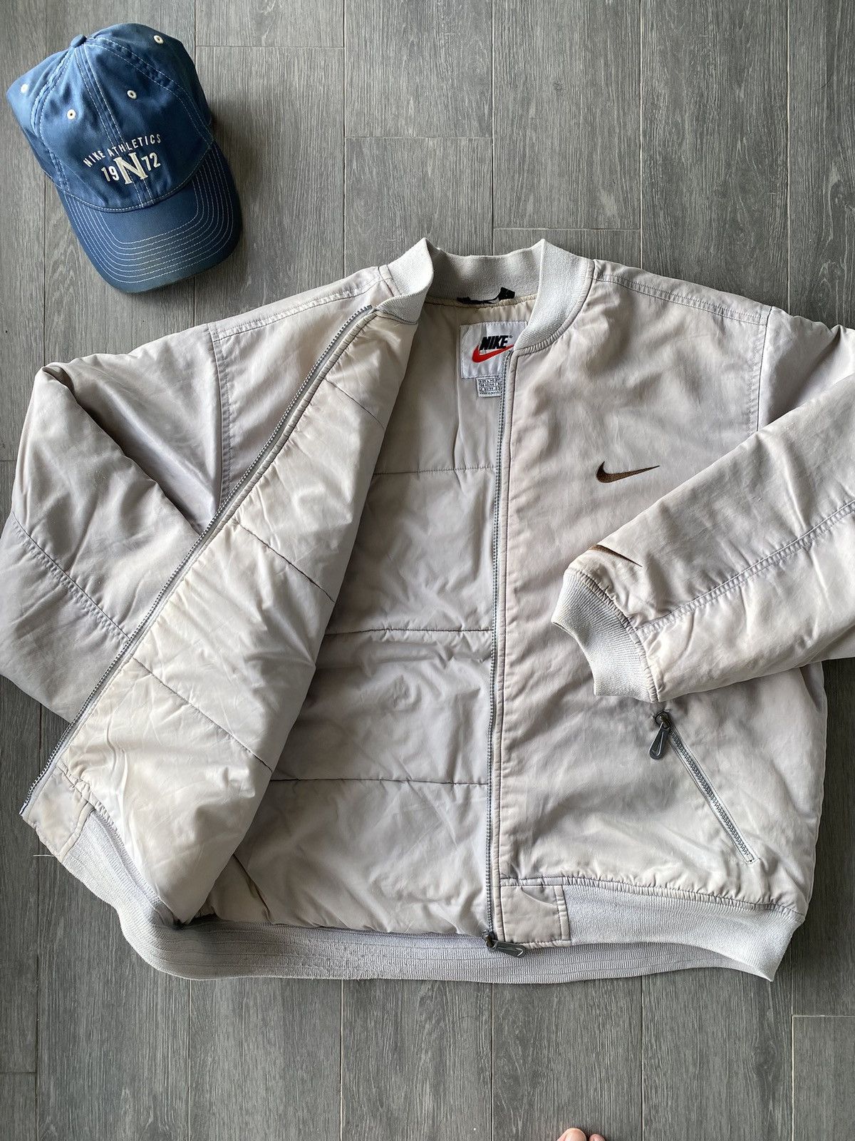 Nike × Vintage Vintage 90’s Grey Nike Big Swoosh Bomber Jacket Size US L / EU 52-54 / 3 - 5 Thumbnail