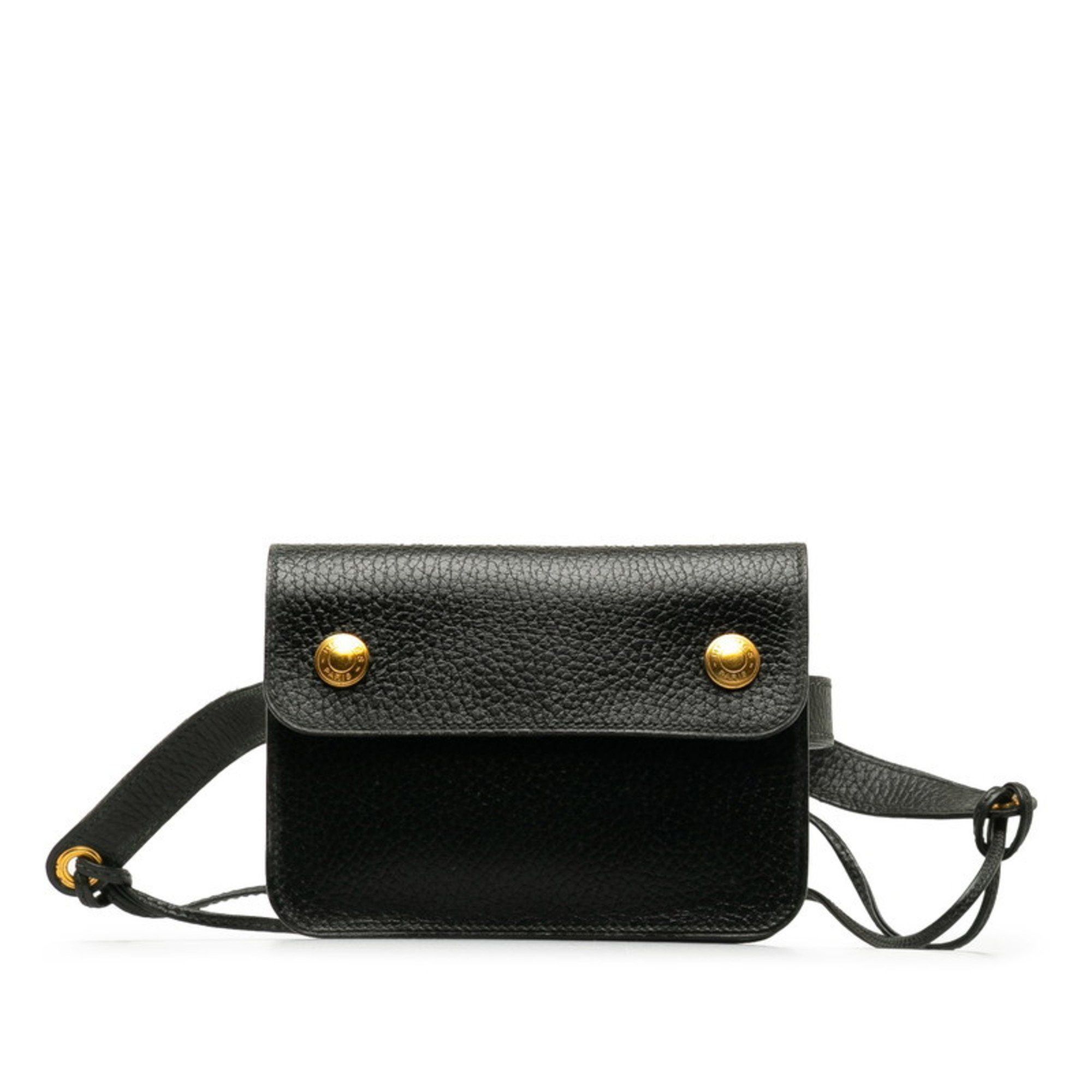 image of Hermes Pochette Green Waist Bag Black Gold Leather Women's Hermes