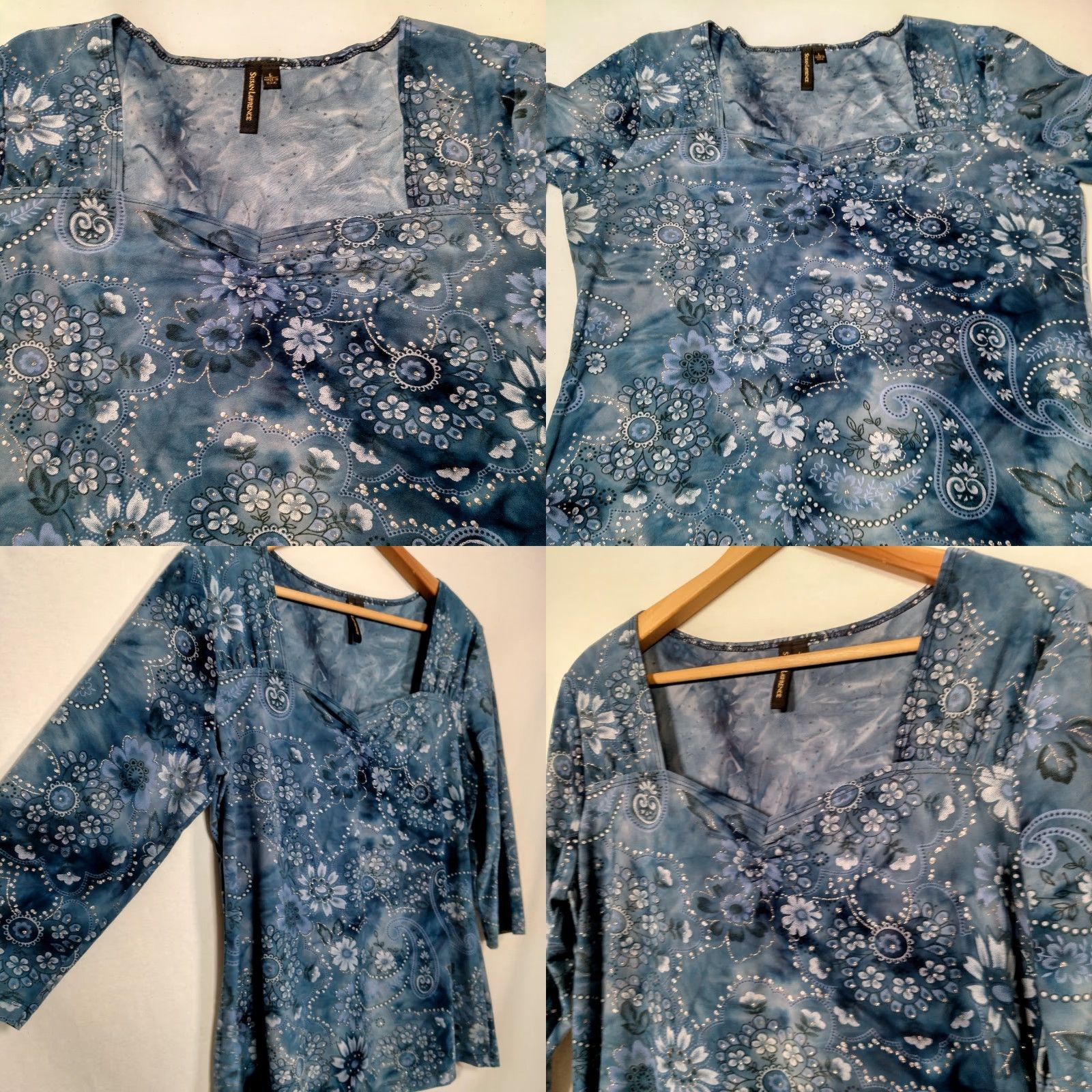 Vintage VINTAGE Susan Lawrence Shirt Blouse L Blue Floral Paisley Metallic 3/4 Sleeve Square Neck Womens Size L / US 10 / IT 46 - 8 Thumbnail