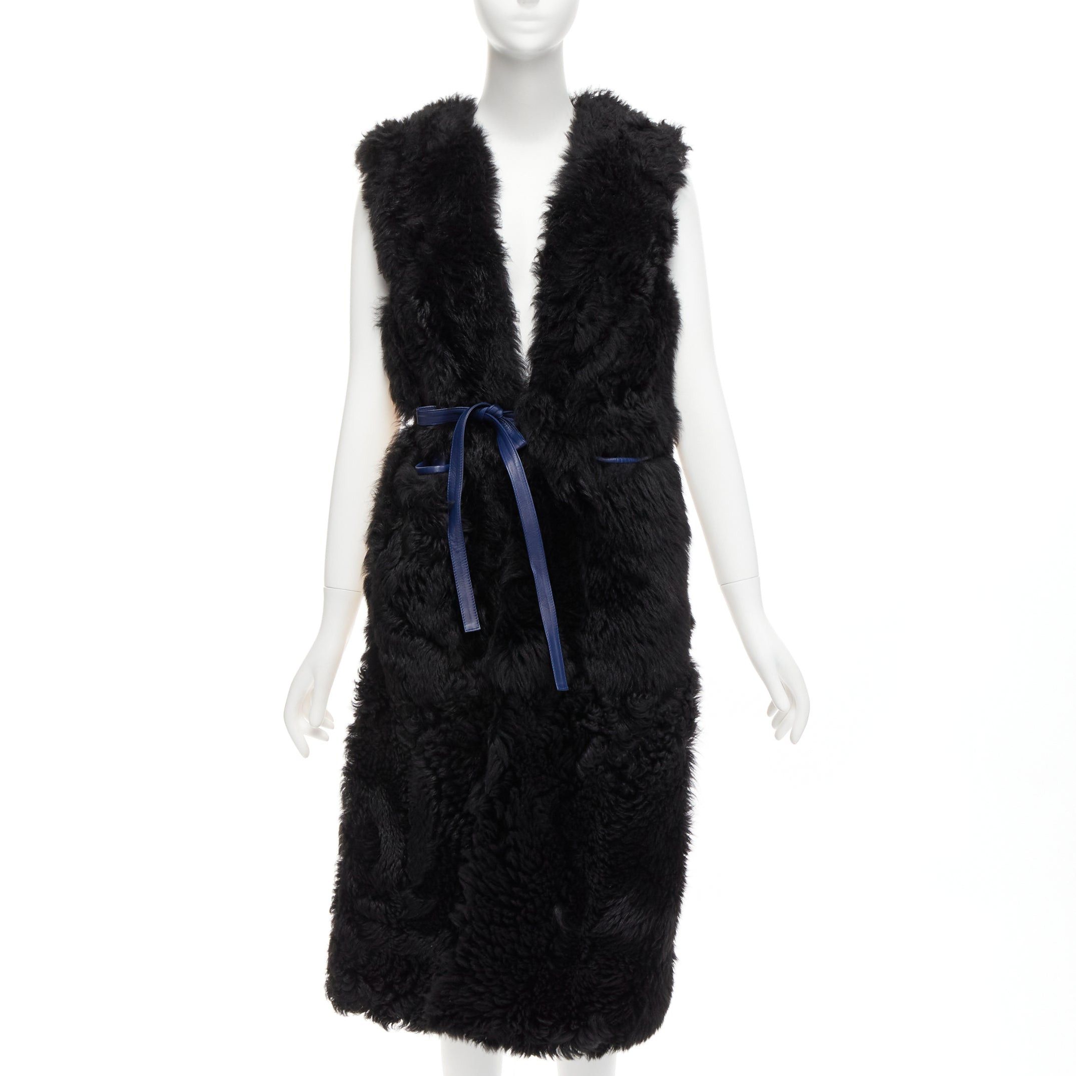 image of Marni Black Lamb Shearling Fur Blue Leather Belted Belt It38 Xs, Women's