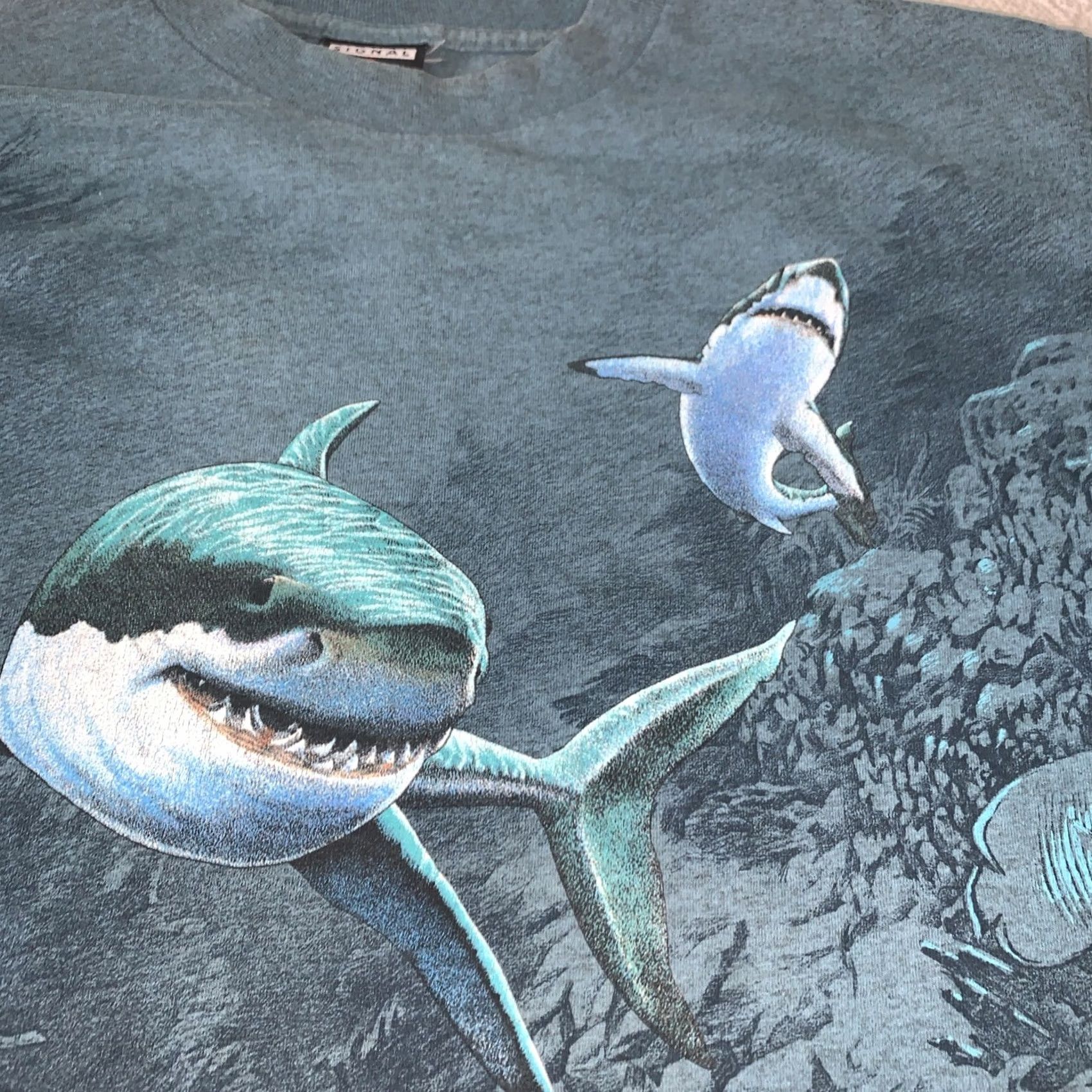 Habitat VINTAGE 1994 Habitat Signal Sharks Ocean Nature Mens Shirt L Blue All Over Print Size US L / EU 52-54 / 3 - 3 Thumbnail
