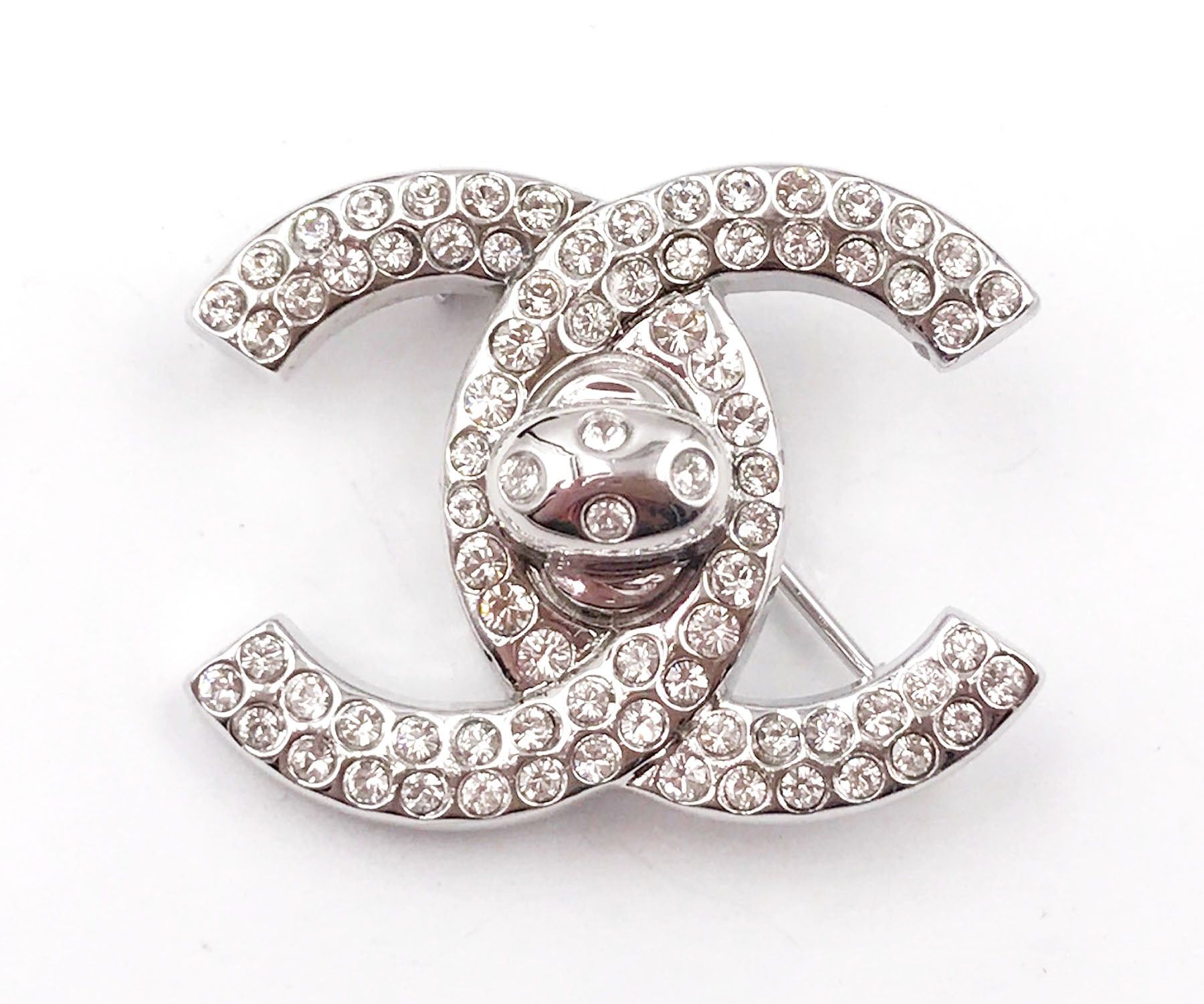 image of Chanel Vintage Silver Cc Crystal Turnlock Brooch, Women's