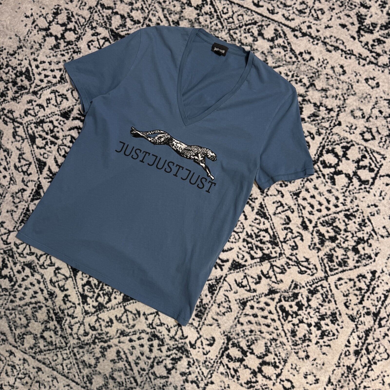 Just Cavalli × Vintage Just Cavalli Blue Cotton T-Shirt Size XS V-Neck Vintage 90s Size US XS / EU 42 / 0 - 2 Thumbnail