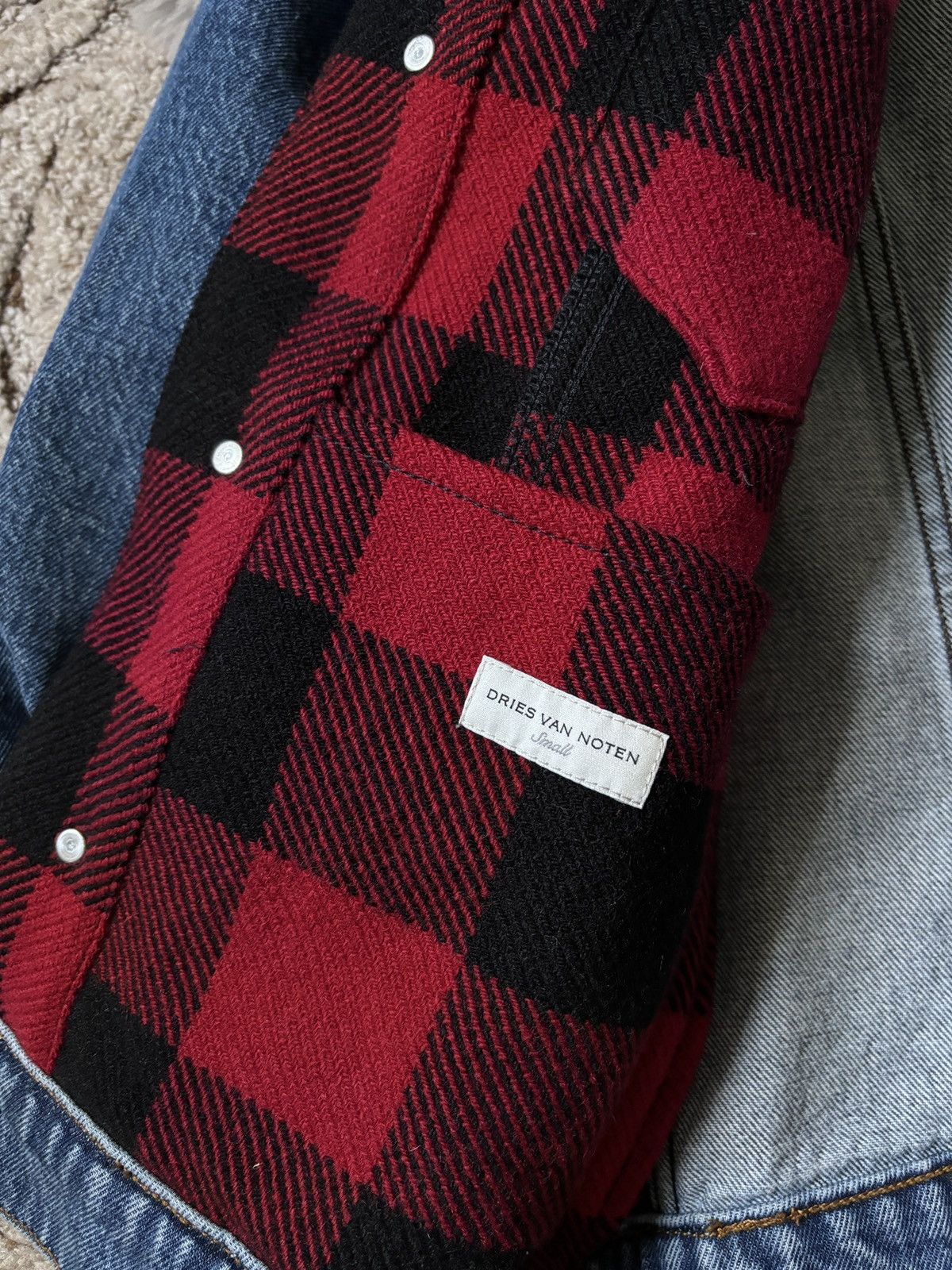 Dries Van Noten Dries van Noten jacket denim patchwork red / black plaid Size US S / EU 44-46 / 1 - 8 Thumbnail