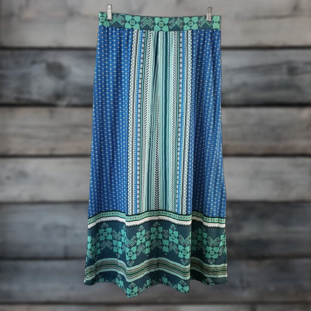 Vintage One World Womens Printed Maxi Skirt M Blue Green Stripe Pull On Size 32" / US 10 / IT 46 - 1 Thumbnail