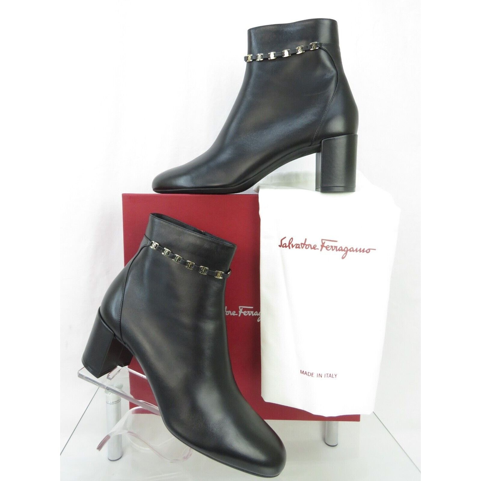 Salvatore Ferragamo GHILA BLACK LEATHER GANCINI CHAIN ZIP HEEL ANKLE BOOTS 11 C Size US 11 / IT 41 - 7 Thumbnail