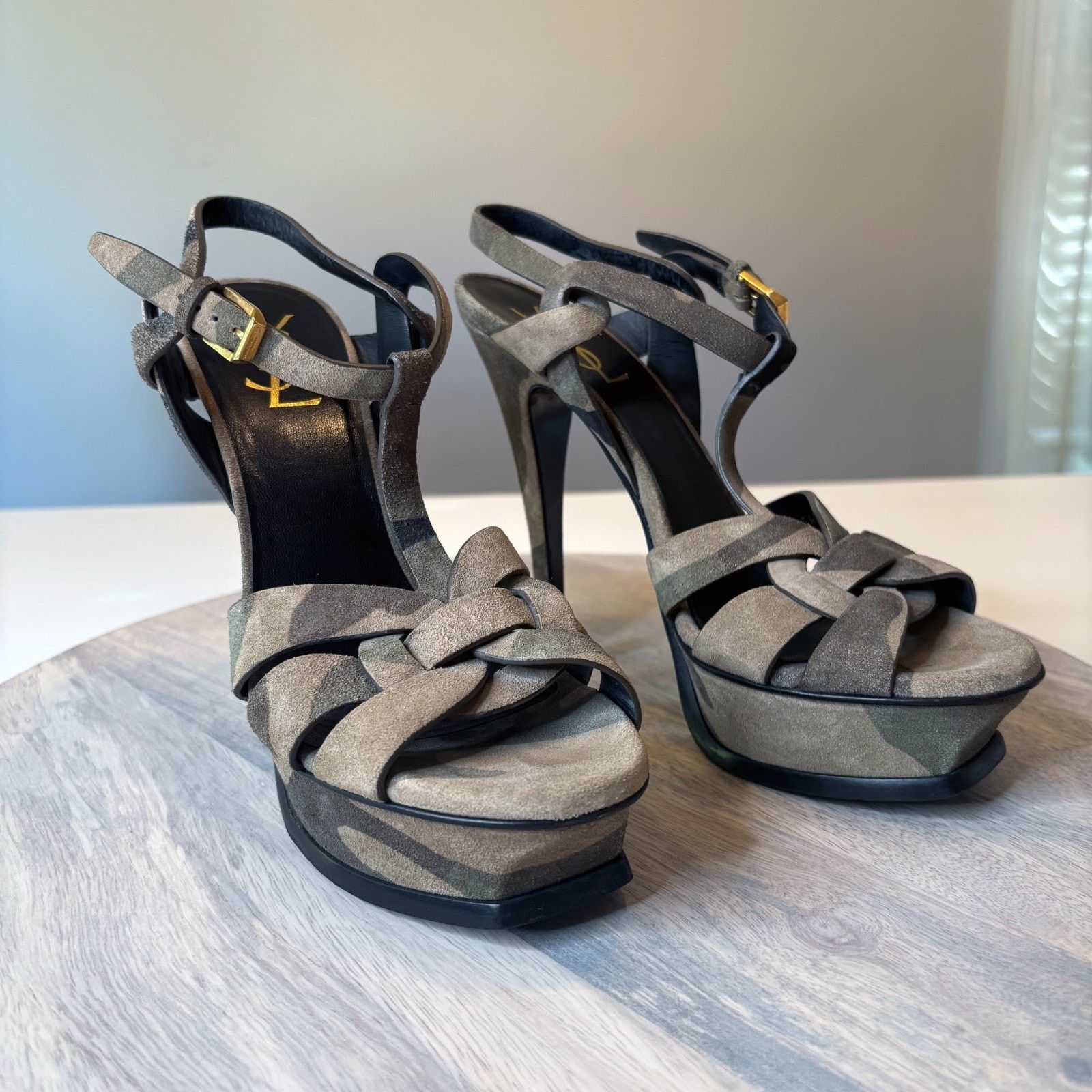 Saint Laurent Paris Yves Saint Laurent Camo Green Suede Tribute Heels Size 7.5 Size US 7.5 / IT 37.5 - 2 Thumbnail