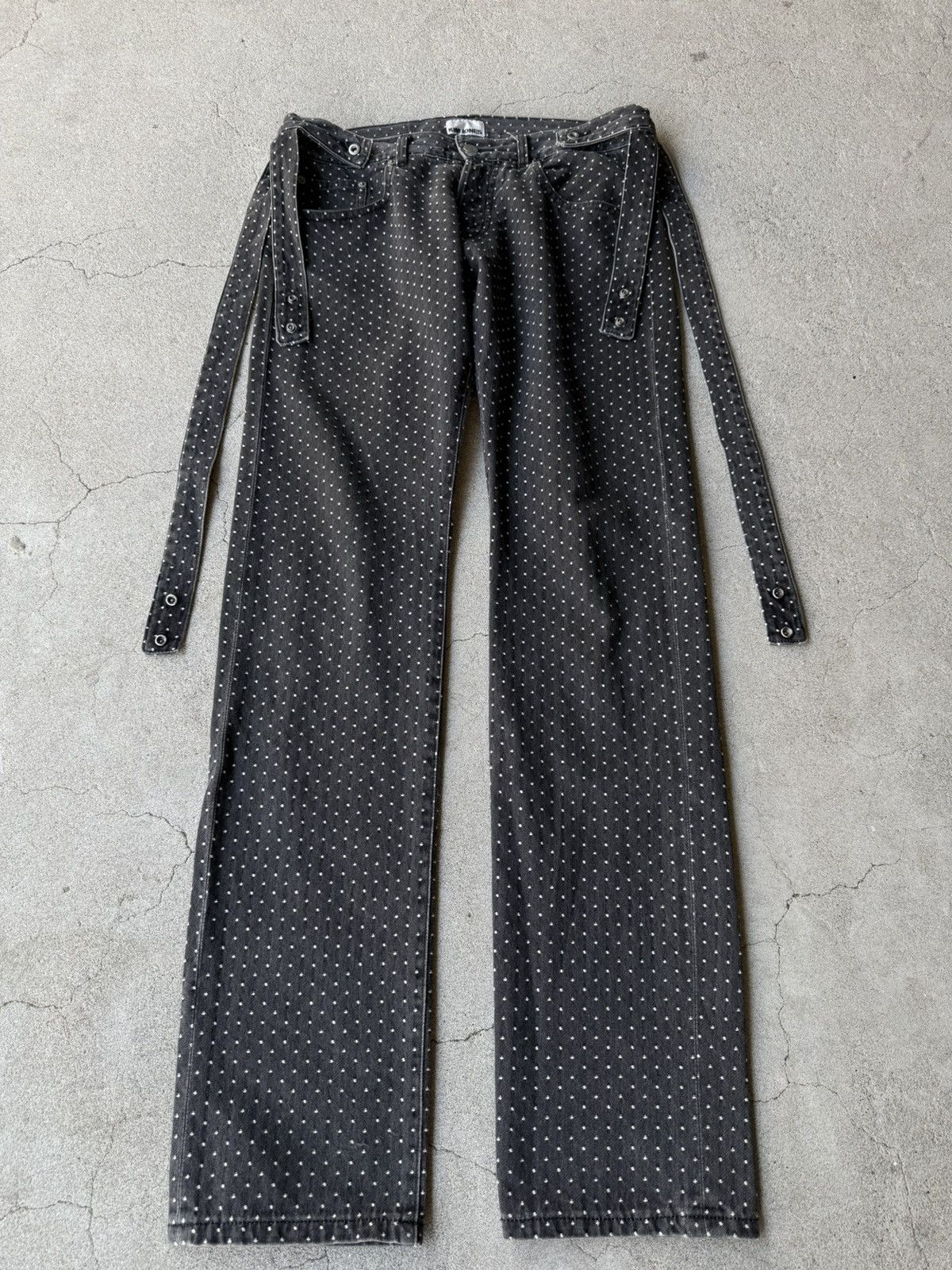 Kim Jones 2000s KIM JONES Dark Gray Embroidered Strap Denim Pants Size US 30 / EU 46 - 1 Thumbnail