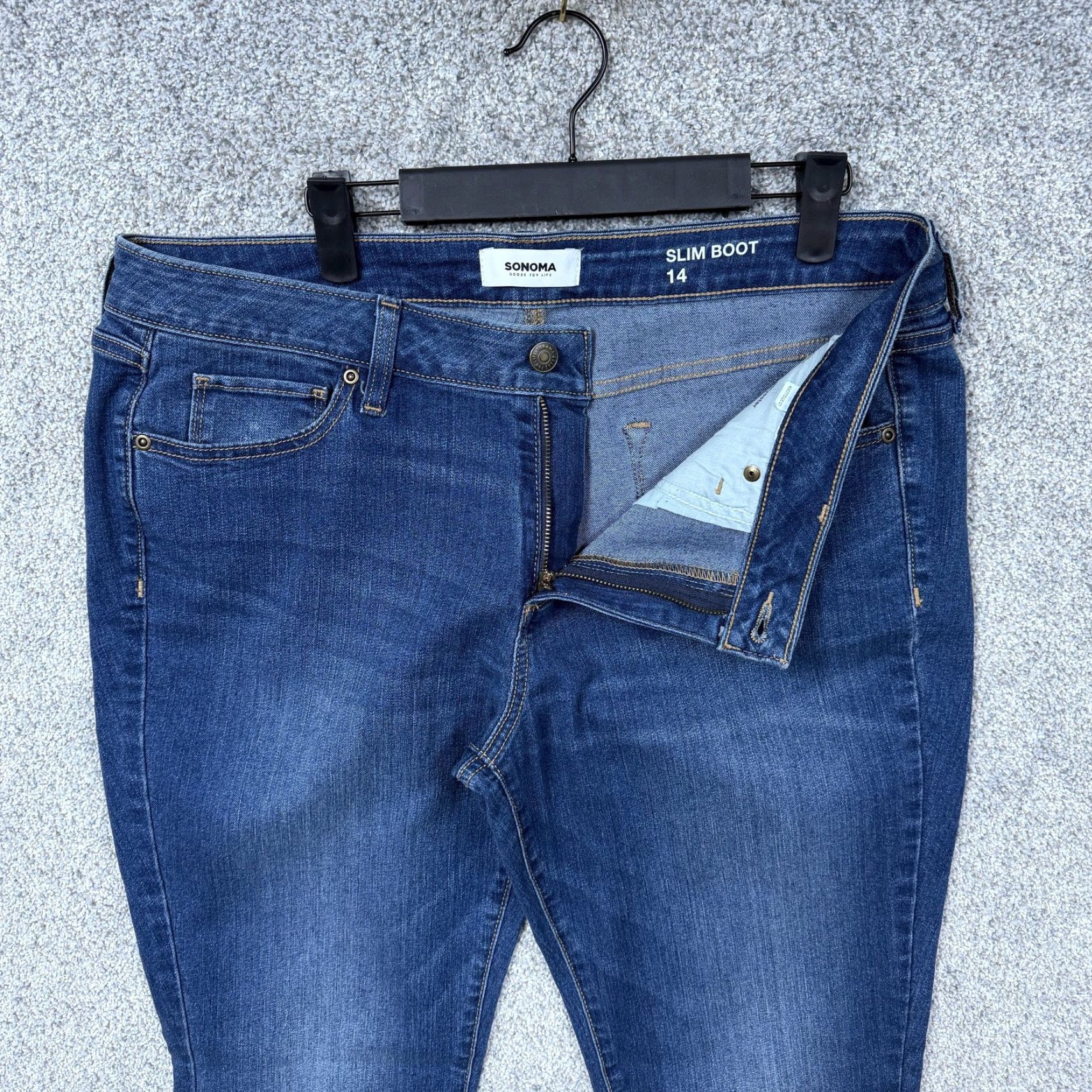 Denime Sonoma Jeans Womens 14 Slim Bootcut Denim Blue Mid Wash 37x31 Stretch 5-Pocket Mid Rise Cotton Polyester Spandex Size 36" / US 14 / IT 50 - 6 Thumbnail