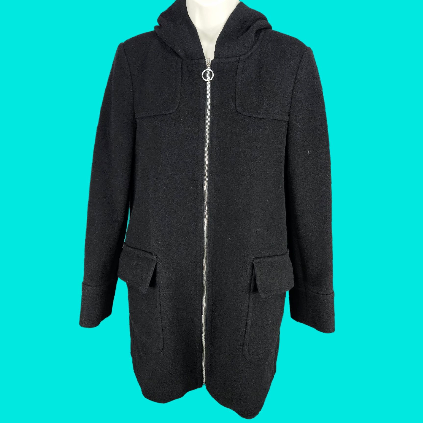 Ann Taylor Ann Taylor Black Wool Blend Hooded Full Zip Cargo Pockets Utility Coat 4 Size S / US 4 / IT 40 - 1 Thumbnail