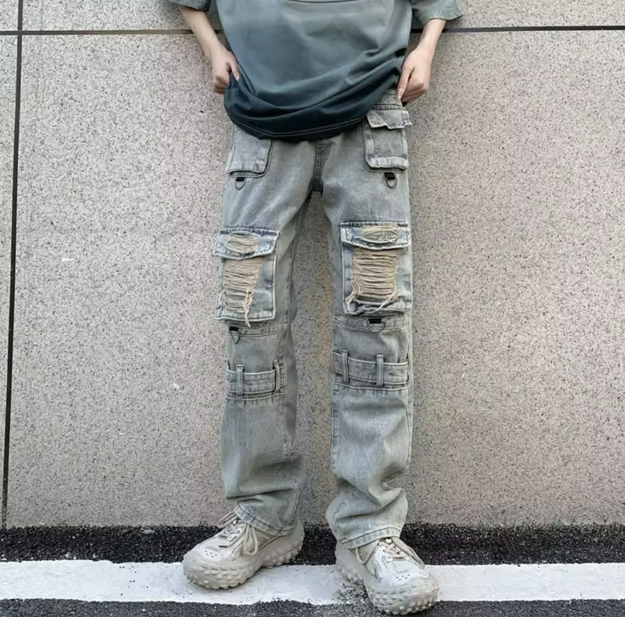 Kanye Pockets Y2K Streetwear Ripped Jeans Cargo Pants