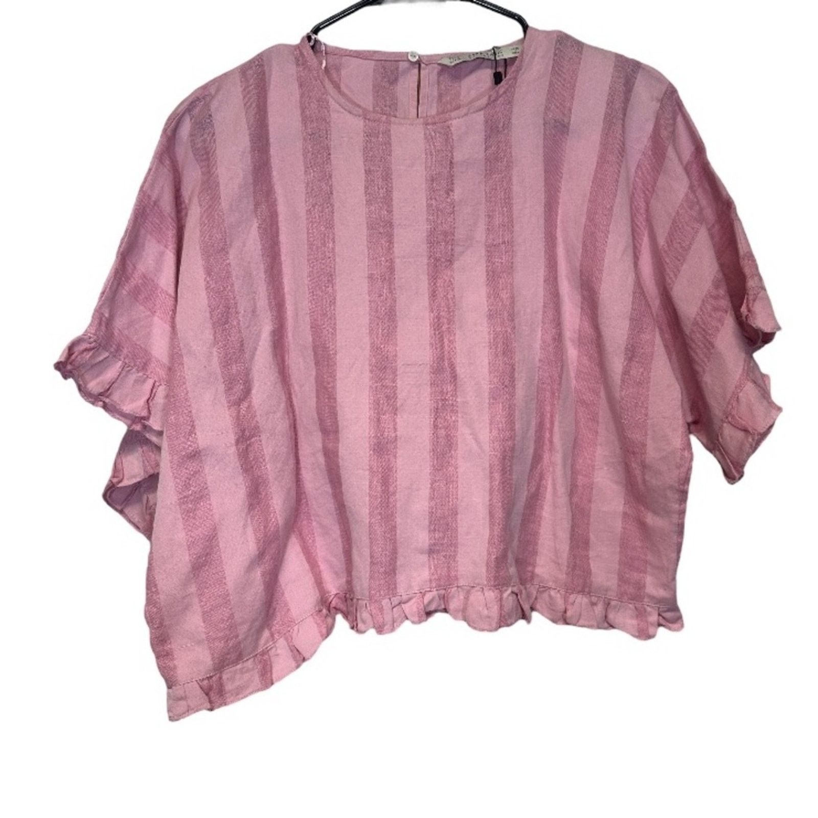 Zara Zara Pink Striped Short Sleeve Ruffle Top Size S Size S / US 4 / IT 40 - 1 Thumbnail