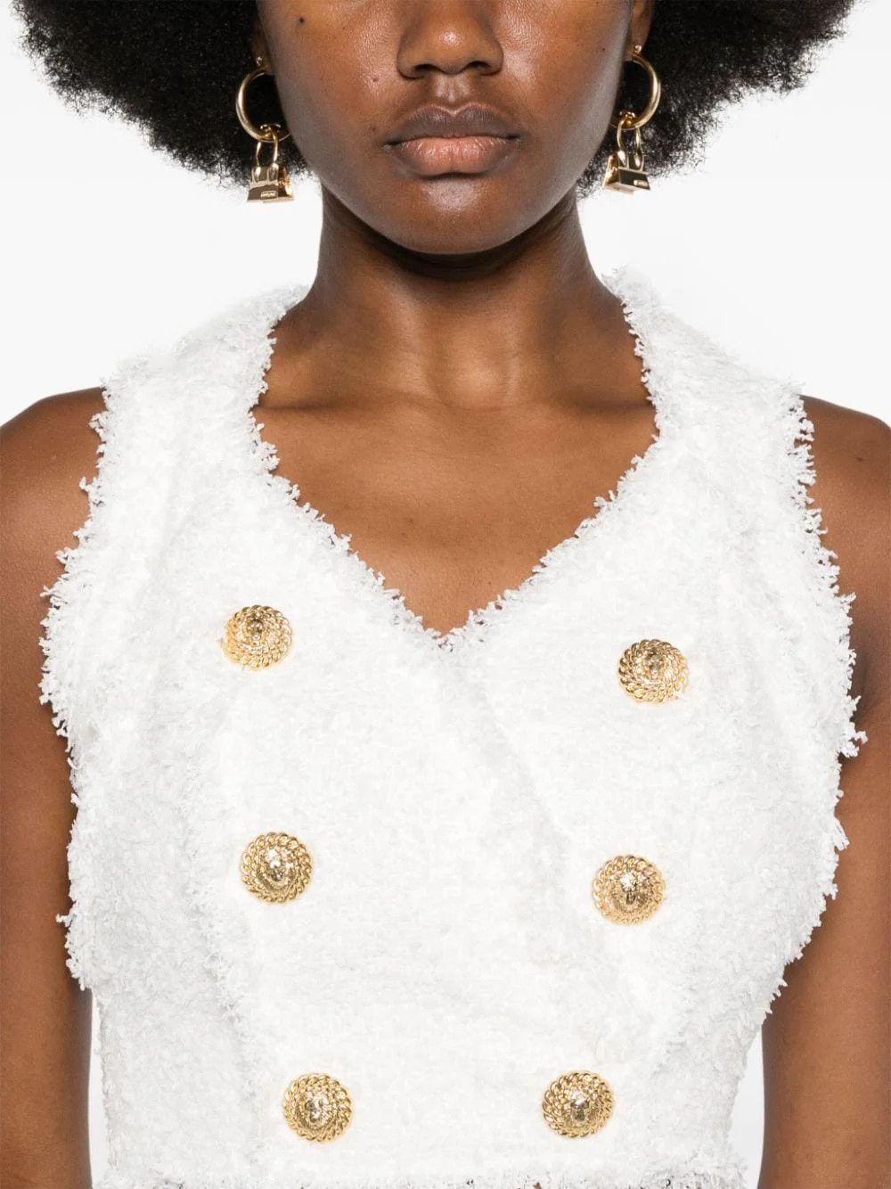 Balmain o1s1wg110725 Tweed Sleeveless Cropped Top in White Size S / US 4 / IT 40 - 5 Thumbnail