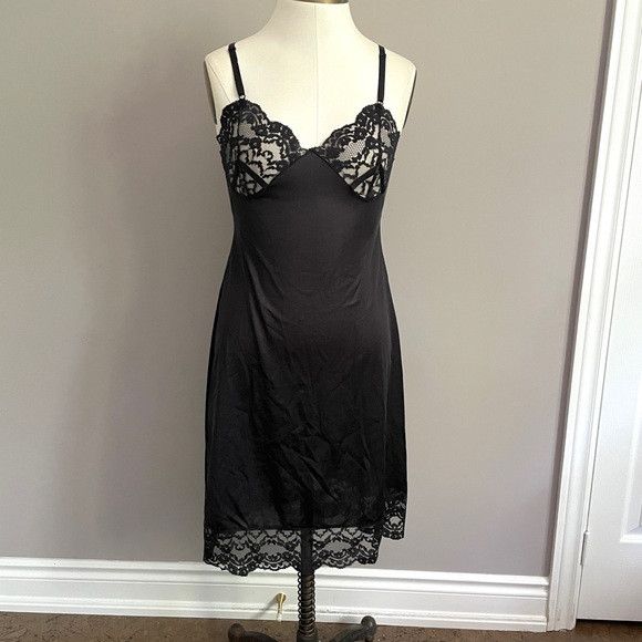 Vintage Vintage Black Satin Lace Midi Slip Dress - Small Size S / US 4 / IT 40 - 2 Thumbnail