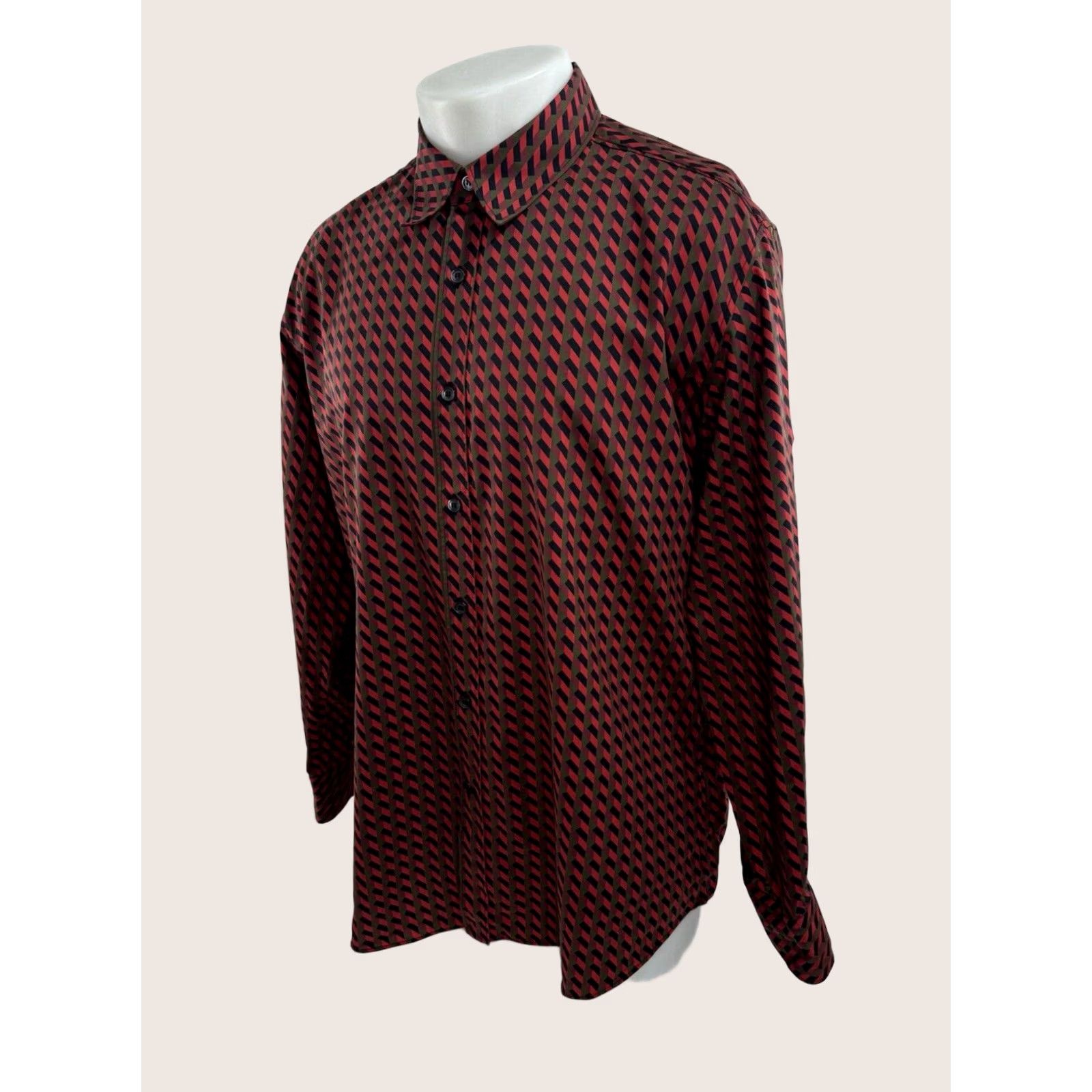 Salvatore Ferragamo Salvatore Ferragamo Geometric Mens XL Shirt Red / Black / Grayish Olive Button-Up Long Sleeve Size US XL / EU 56 / 4 - 1 Thumbnail
