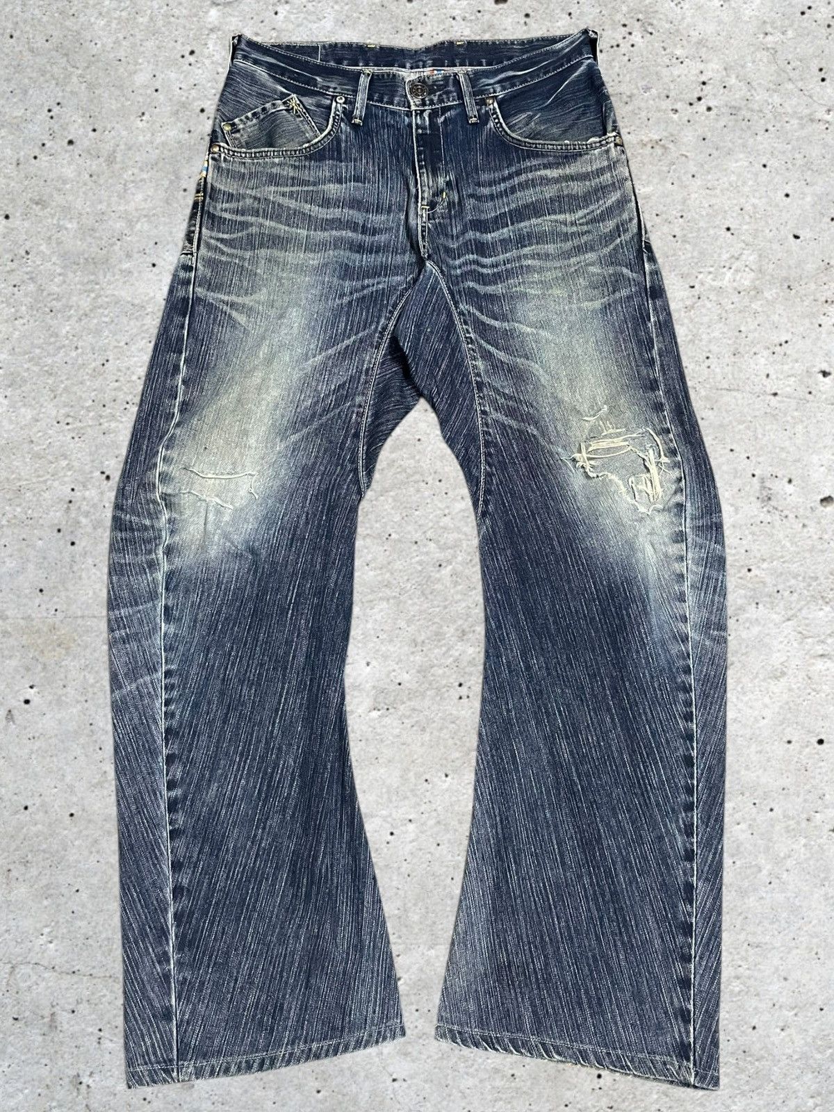 Edwin Vtg Edwin Twisted Loose Ripped Blue Wash Buckle Back Jeans Size US 31 - 1 Thumbnail