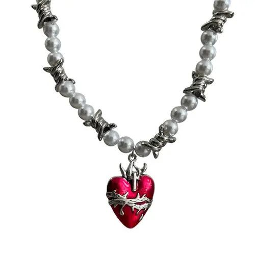 Jewelry Barbed Wire Pearl Chain Necklace with Red Heart Pendant Size ONE SIZE - 6 Thumbnail