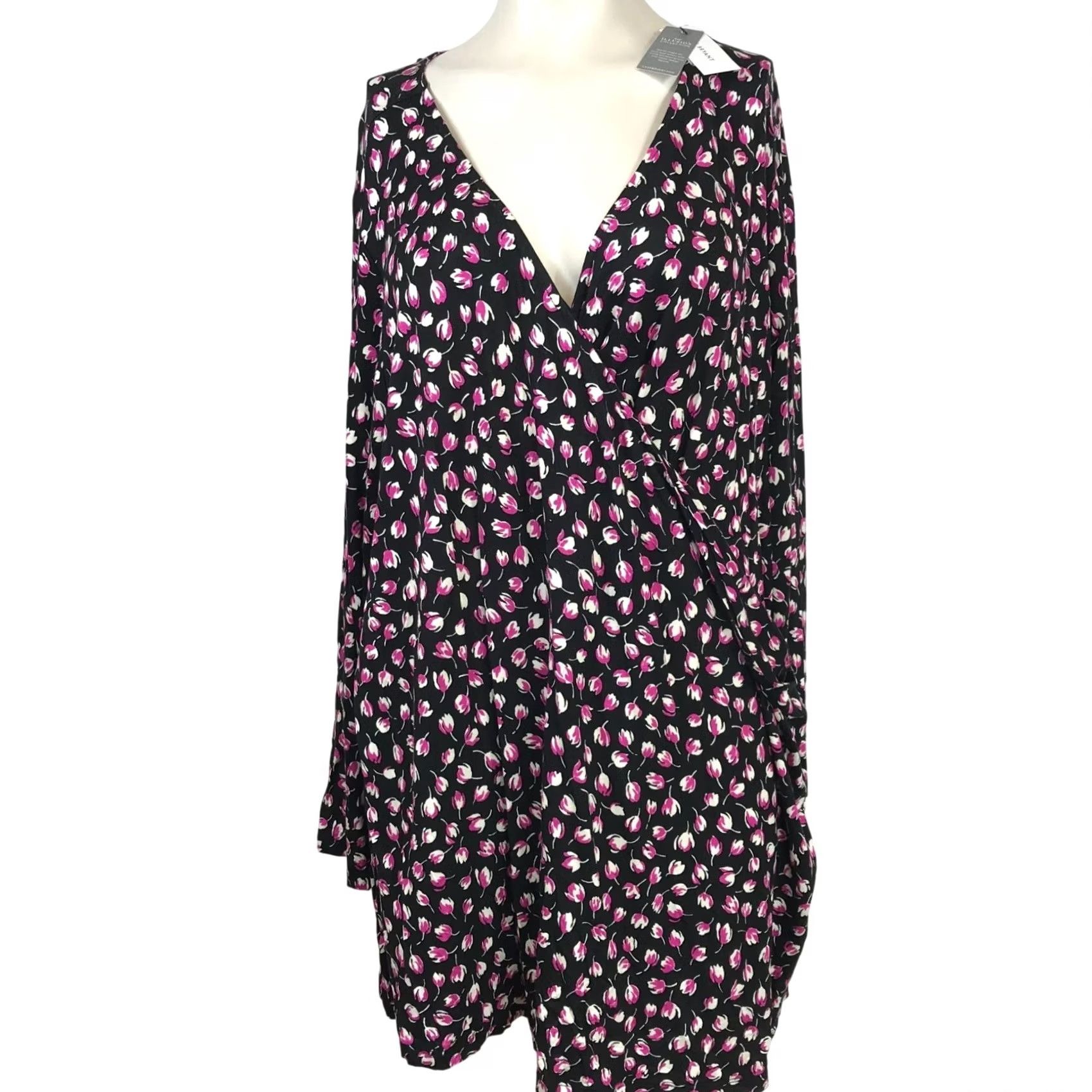 Vintage LANE BRYANT - WOMEN'S 26/28 - BLACK FLORAL LONG SLEEVE CRISS CROSS V NECK TOP Size 4XL / US 24-26 - 2 Thumbnail
