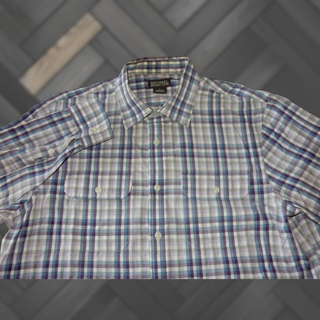Michael Kors Michael Kors Men's Plaid Long Sleeve Cotton Button-Up Shirt Size Large Purple Size US L / EU 52-54 / 3 - 1 Thumbnail