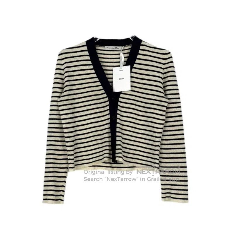 Dior Beige dark blue striped knitted cardigan coat