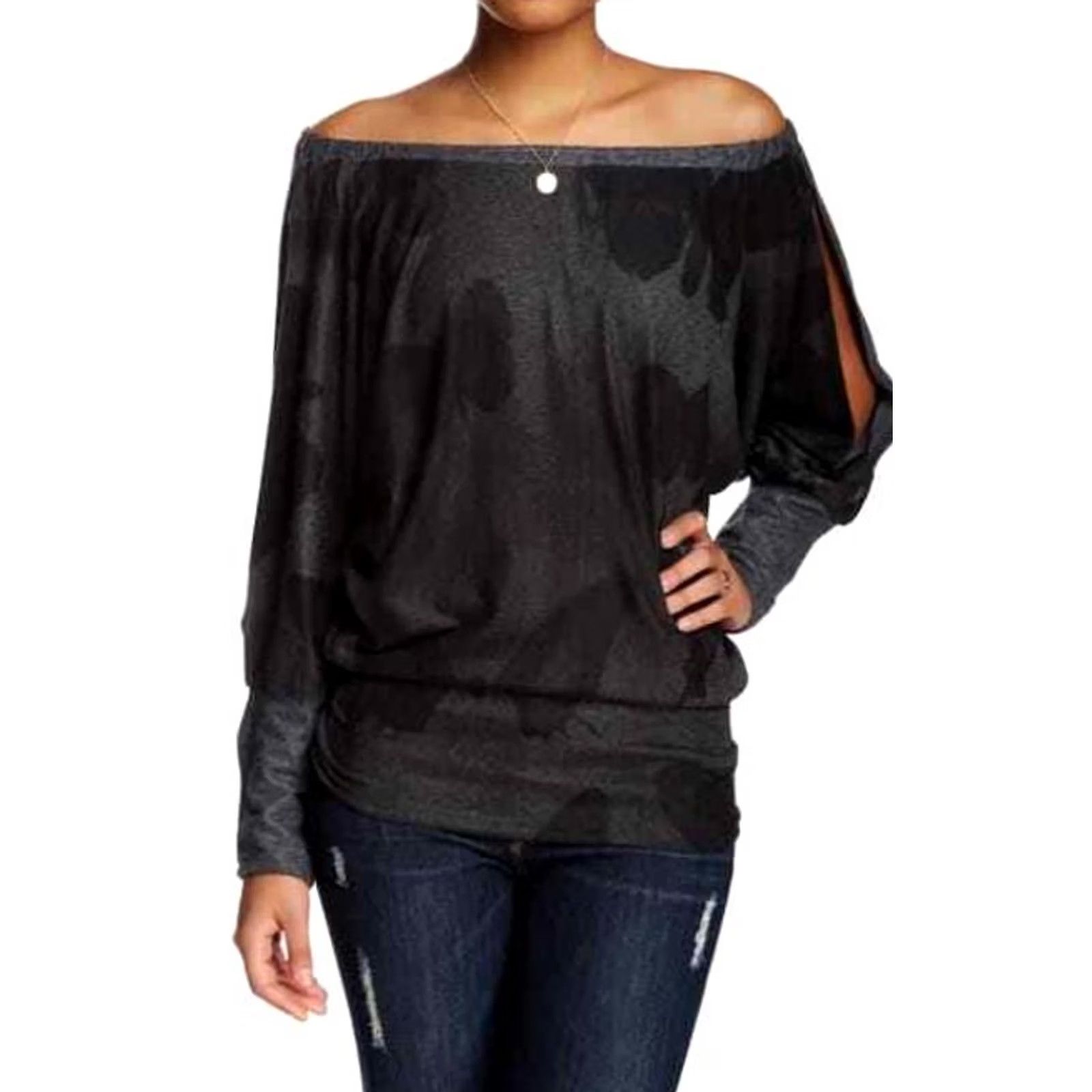Vintage GO COUTURE Blouse Shirt Off the Shoulder Dolman TOP Womens M Gray NYOT Size M / US 6-8 / IT 42-44 - 2 Thumbnail
