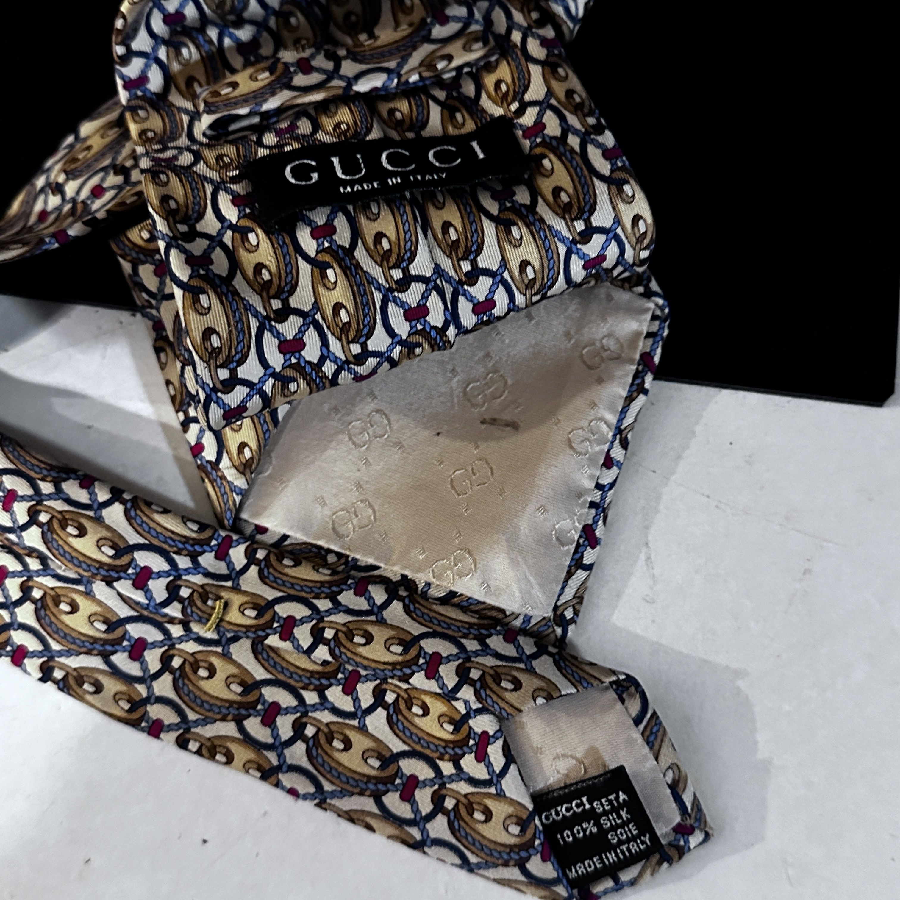 Gucci Gucci Gold Silk Tie Link Chain EUC Neckwear White Baroque ro Size ONE SIZE - 5 Thumbnail