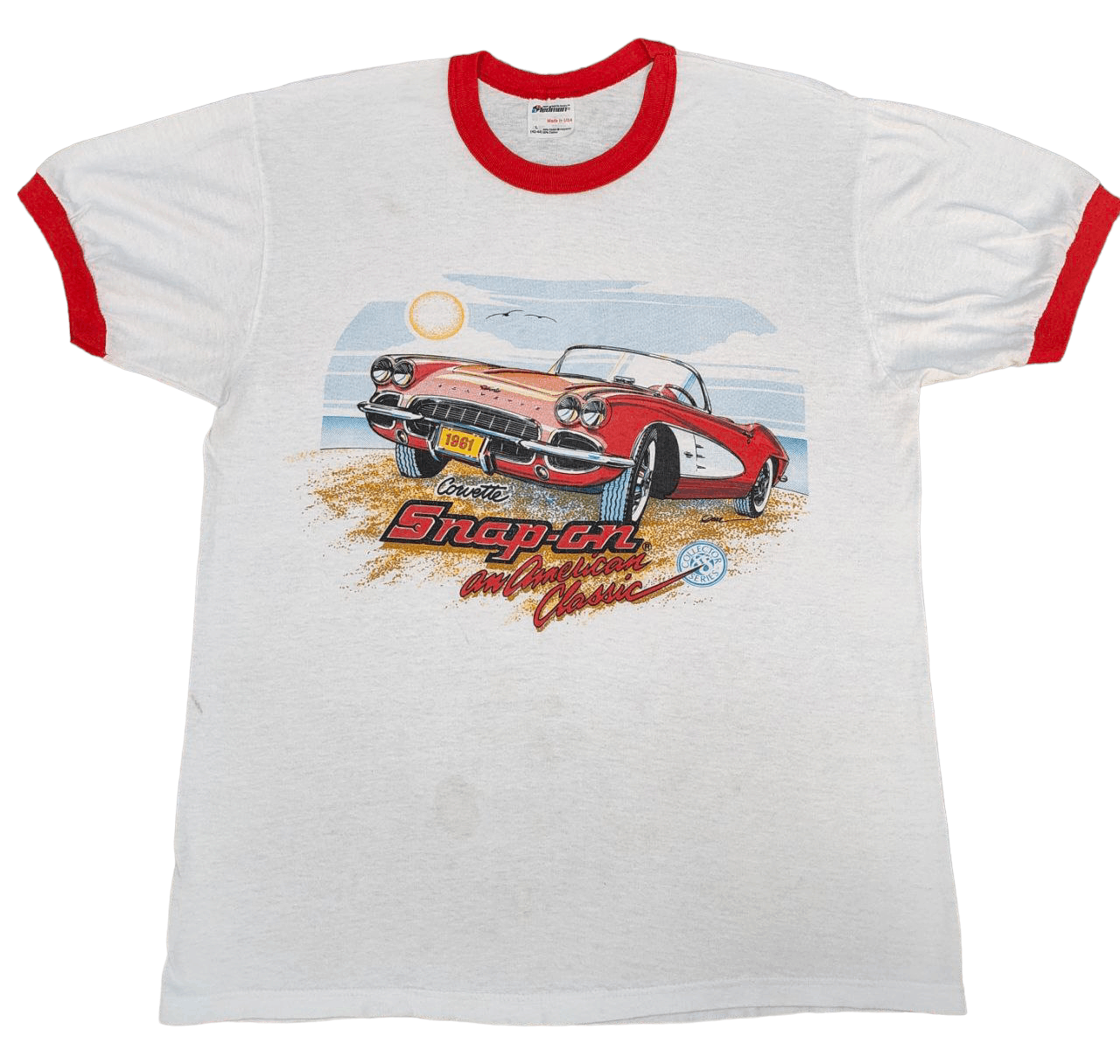 image of Moto x Racing Vintage Corvette Snap On Ringer T Stadman Tag in Offwhite, Men's (Size Medium)
