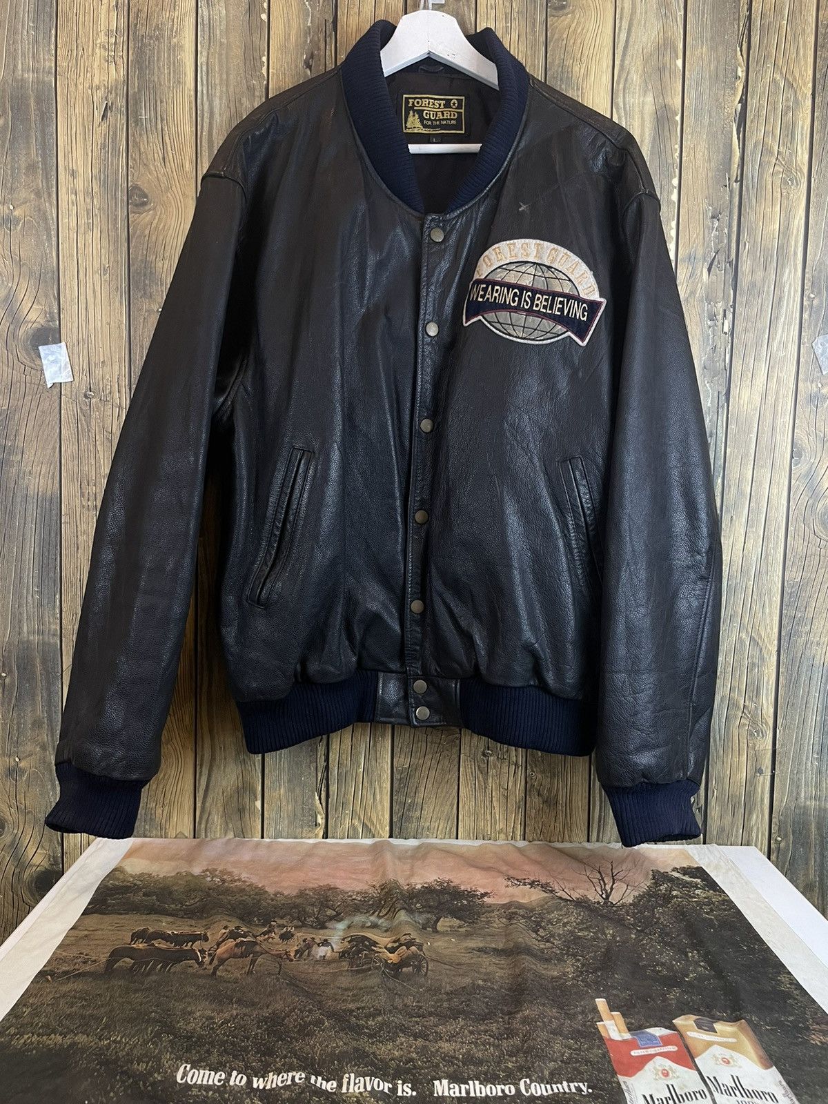 Japanese Brand Vintage forest guard leather varsity Jacket ziper ups Size US L / EU 52-54 / 3 - 9 Thumbnail