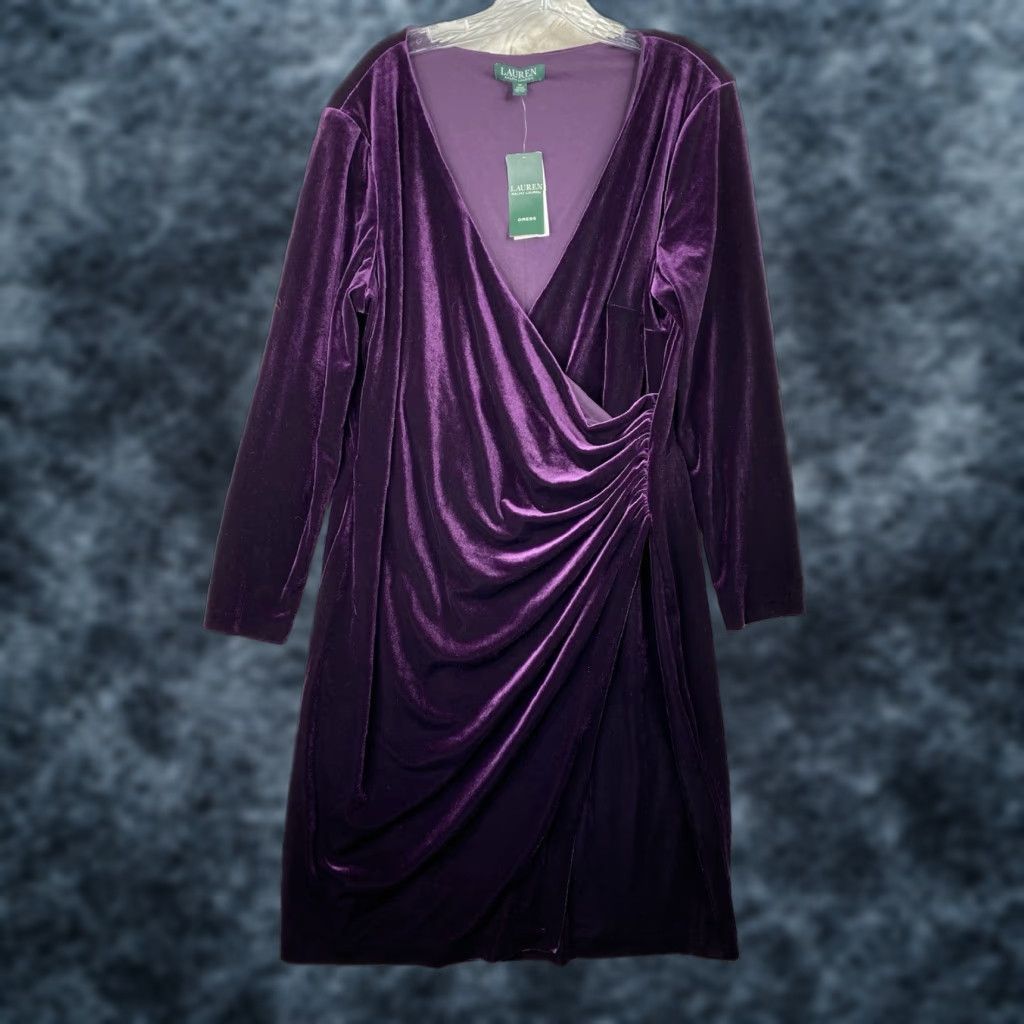 Ralph Lauren Lauren Ralph Lauren Dress 18 Purple Velvet Stretch Surplice Long Sleeve NWT Size XXL / US 16-18 / IT 52-54 - 1 Thumbnail