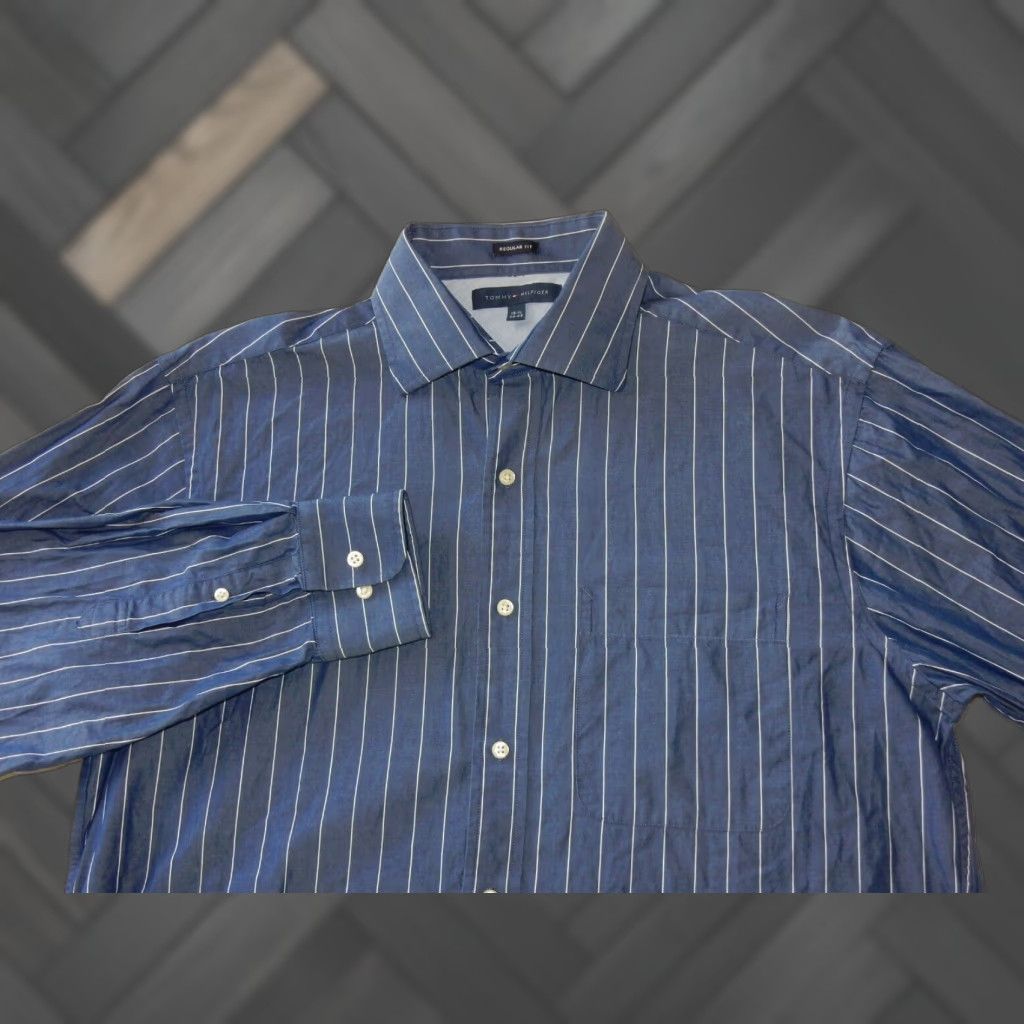 Tommy Hilfiger VINTAGE Tommy Hilfiger Men's Dress Shirt Size 15.5 Long Sleeve Cotton Striped Blue 90s Men Size 40R - 1 Thumbnail
