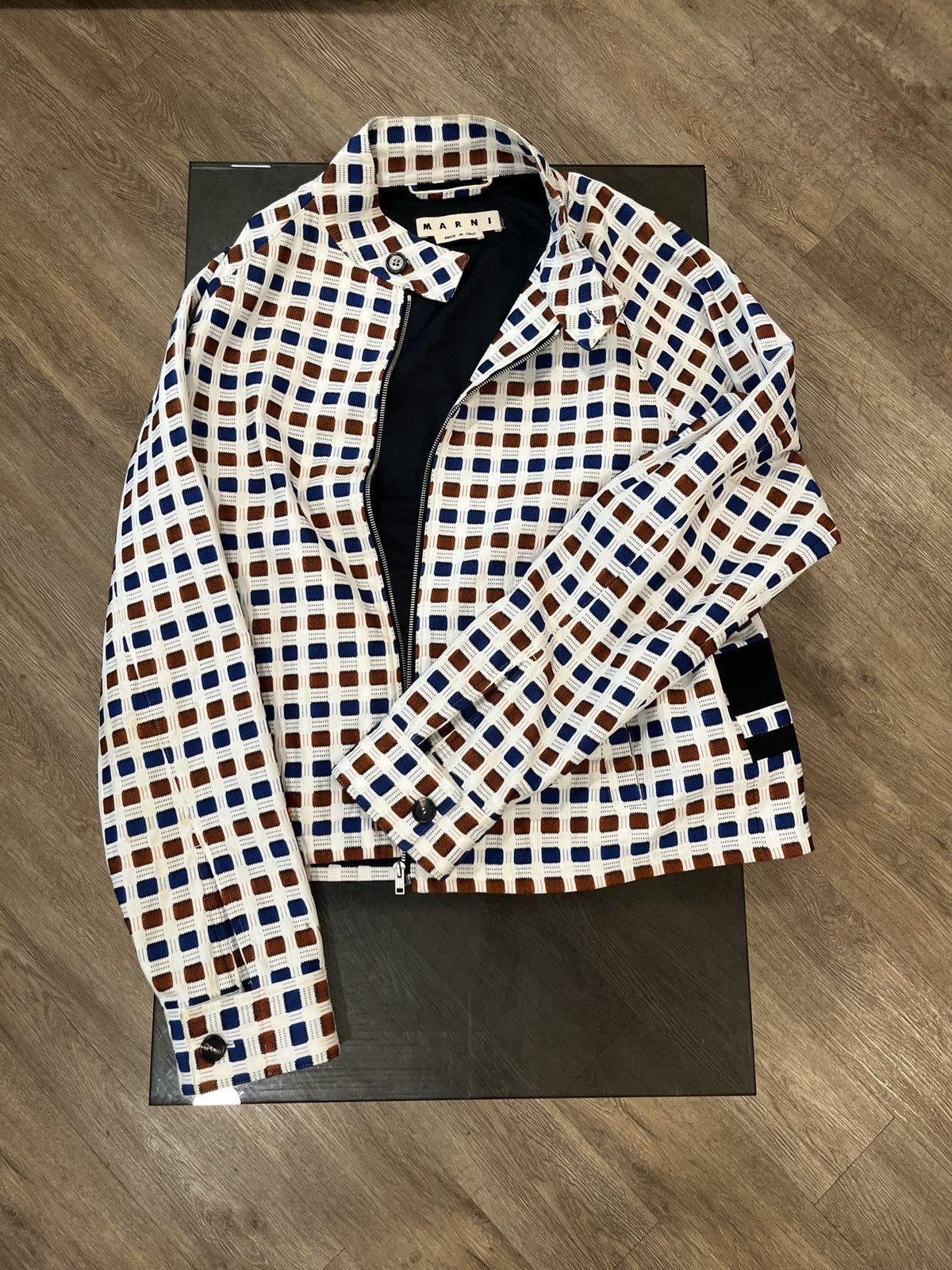 image of Marni Multicolored Checkered Jacket in Brown/White/Blue, Men's (Size XL)