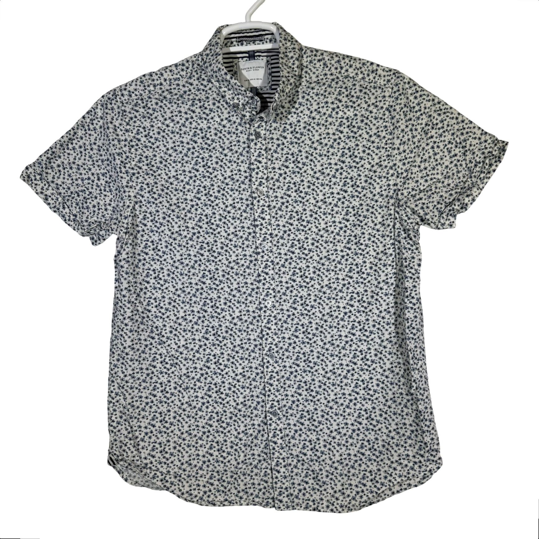 Denime Denim & Flower Shirt Mens Medium Blue White Floral Button-Down Short Sleeve Cotton Size US M / EU 48-50 / 2 - 2 Thumbnail