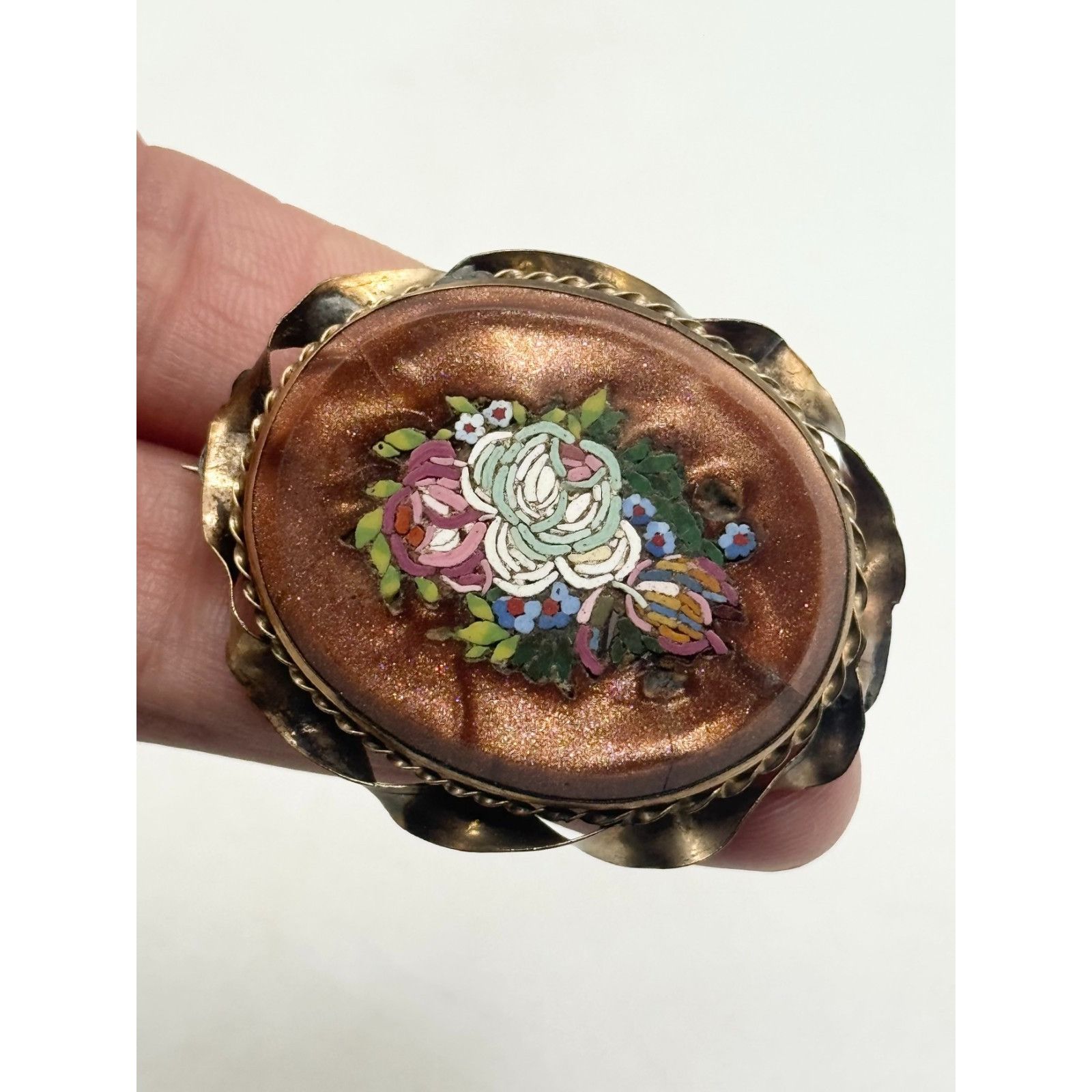 Vintage Antique Victorian Goldstone Micro Mosaic Bezel Brooch Pin Size ONE SIZE - 4 Thumbnail