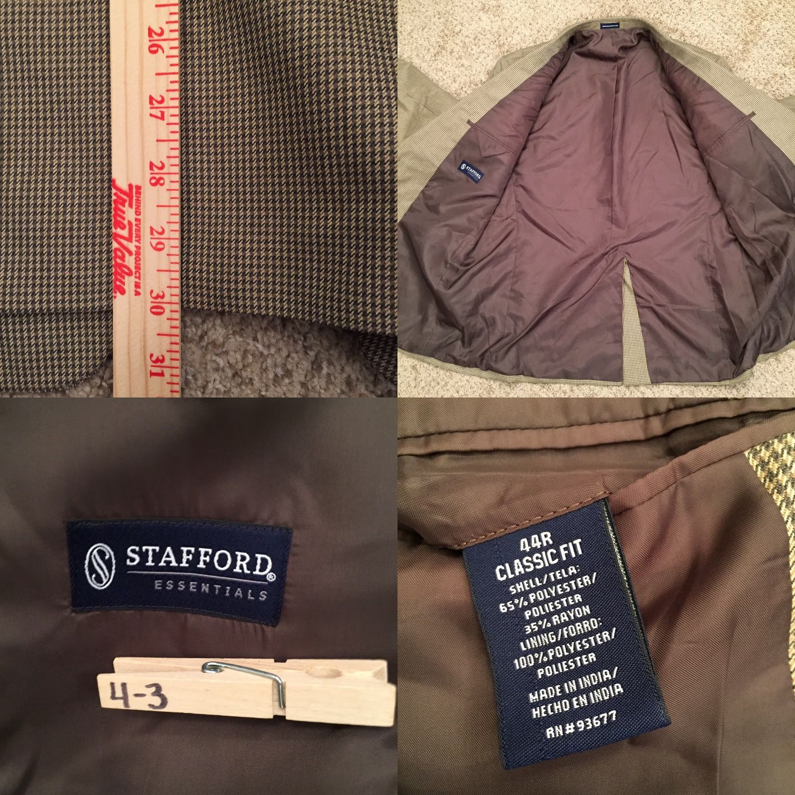 Stafford Stafford Blazer Mens 44R Classic Fit Beige Houndstooth Polyester Blend Jacket/Coat Regular Length Men Size 44R - 8 Thumbnail