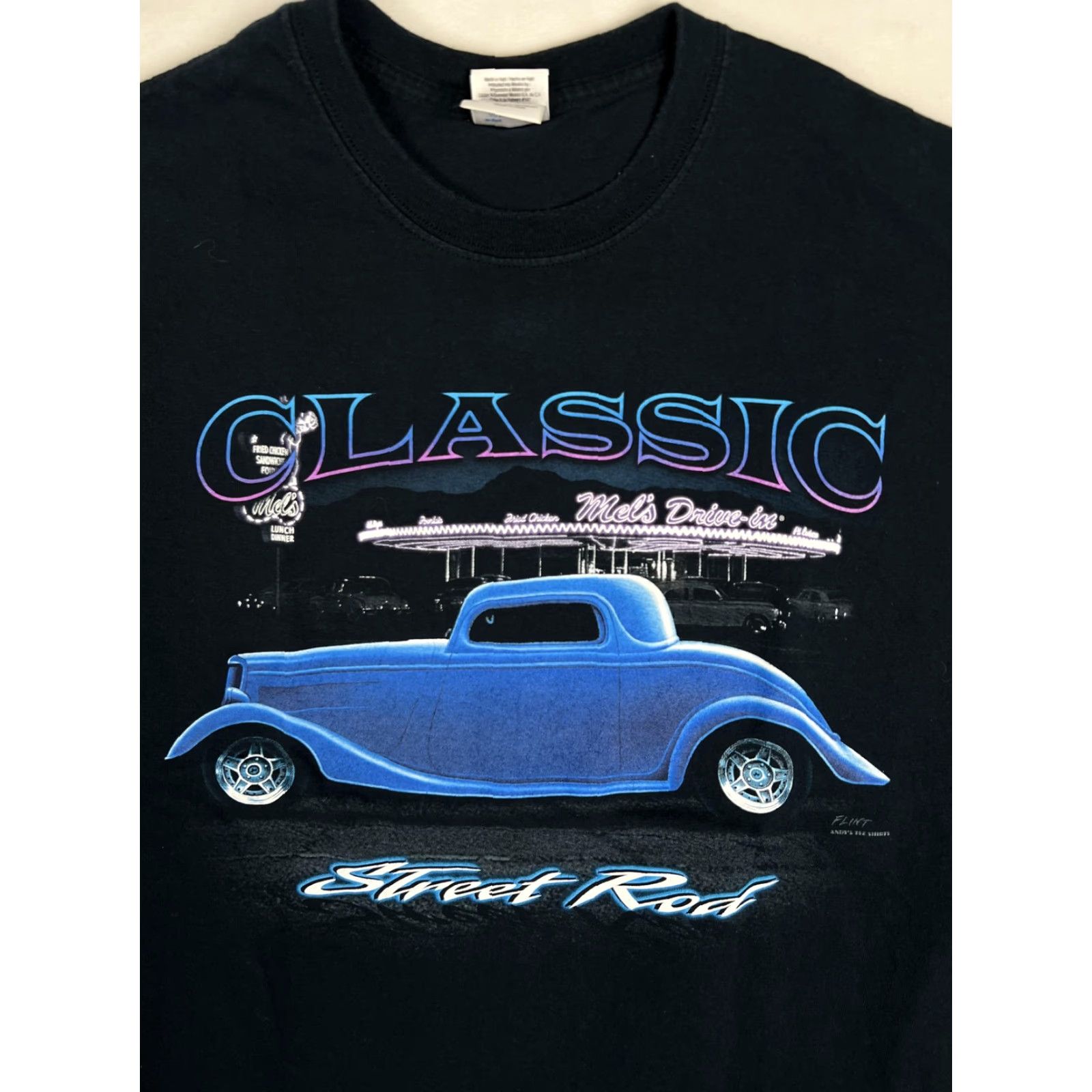 Gildan Mels Drive-In Classic Street Rod T-Shirt Mens XL Black Car Graphic Hot Rod Size US XL / EU 56 / 4 - 2 Thumbnail