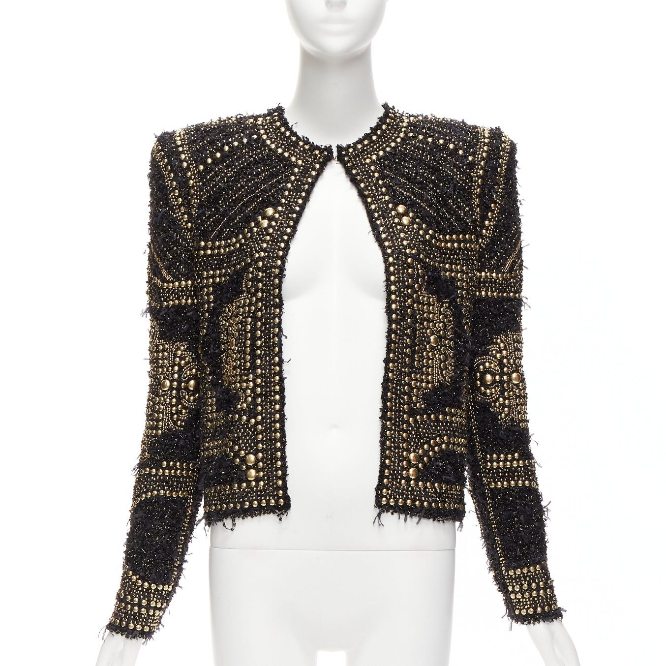 Balmain BALMAIN 2022gold black boucle tweed gold studded power shoulder jacket FR34 XS Size XS / US 0-2 / IT 36-38 - 1 Thumbnail