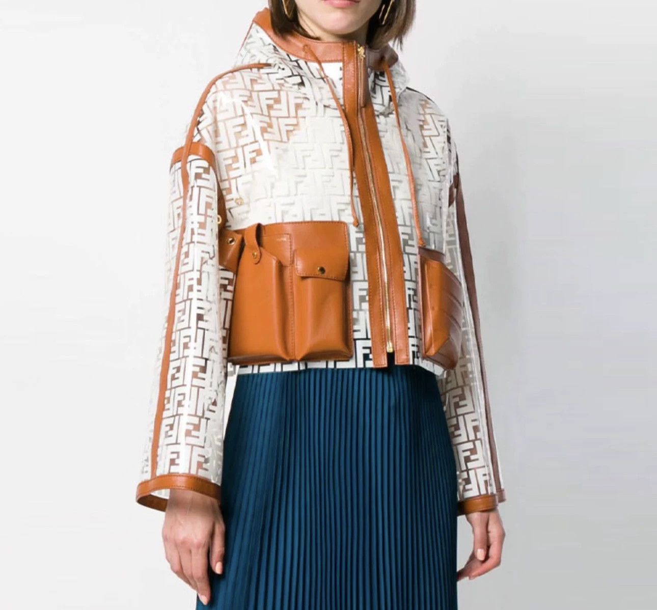 Fendi FENDI SS22 Logo Leather Panel Hooded Women's Brown Jacket Size M / US 6-8 / IT 42-44 - 1 Thumbnail