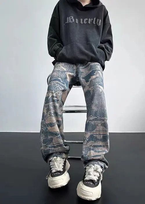 Jean Retro High Street Trendy Loose Wide Leg Printed Jeans Size US 32 / EU 48 - 8 Thumbnail